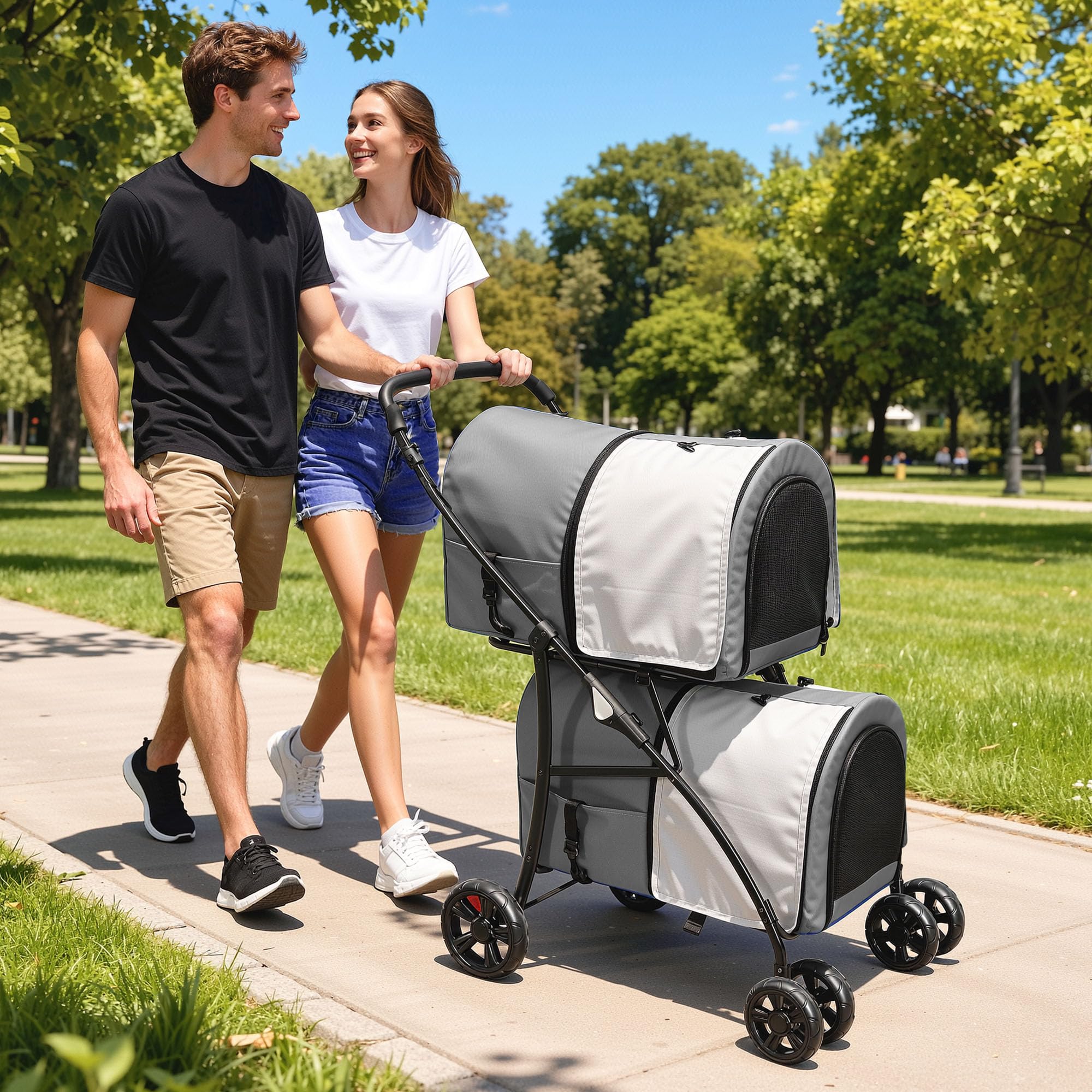 YITAHOME Passeggino per cani a doppio piano per animali domestici, portata fino a 30 kg, pieghevole, con finestra a rete, per due cani e gatti, grigio