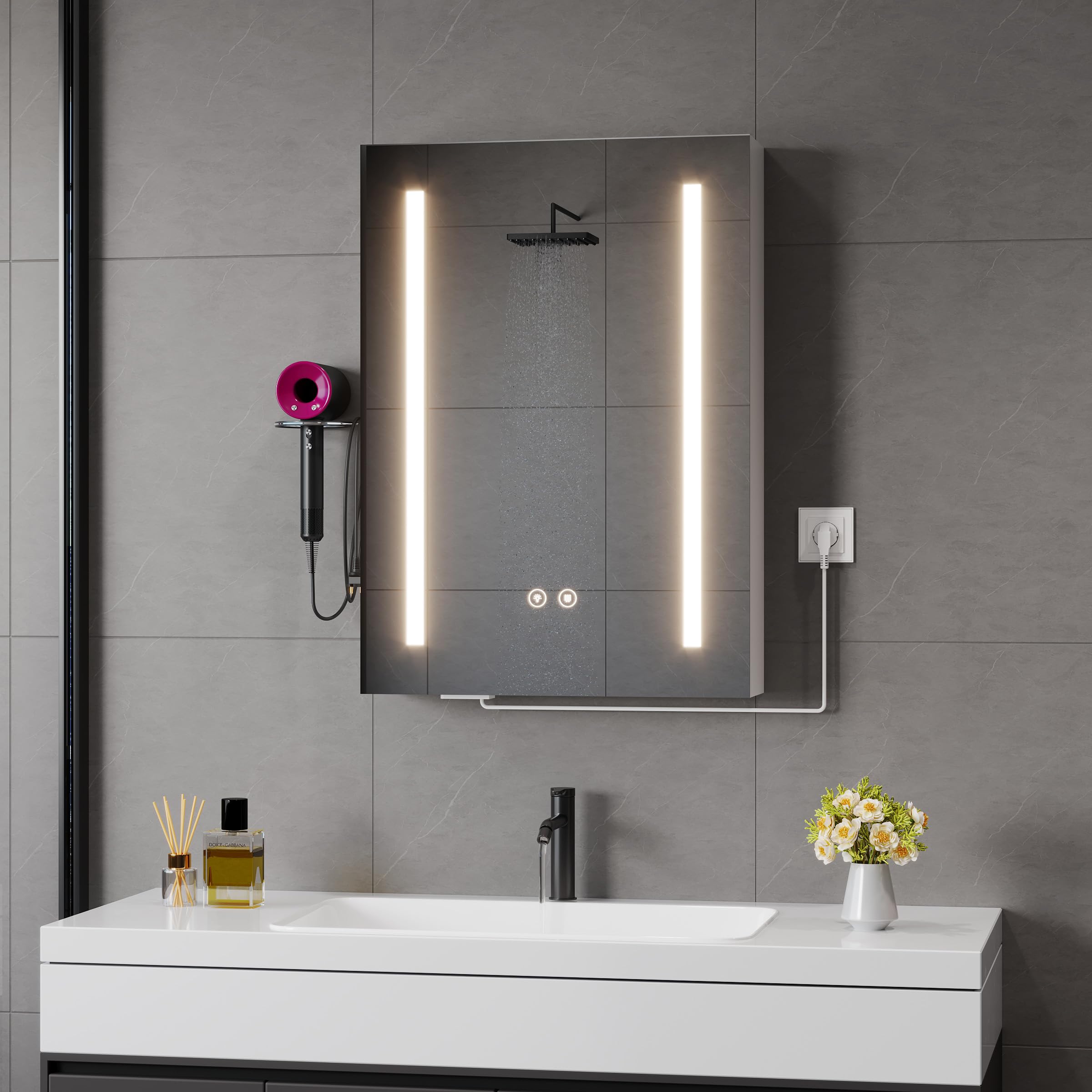 Armoire Murale Salle De Bain avec 3 Couleurs Miroir LED & 2 AC et 3 USB, Fonction DéShumidification et MéMoire,Meuble Salle De Bain Rangement avec éTagèRe RéGlable & Rangement (50x70x15cm, Blanc)