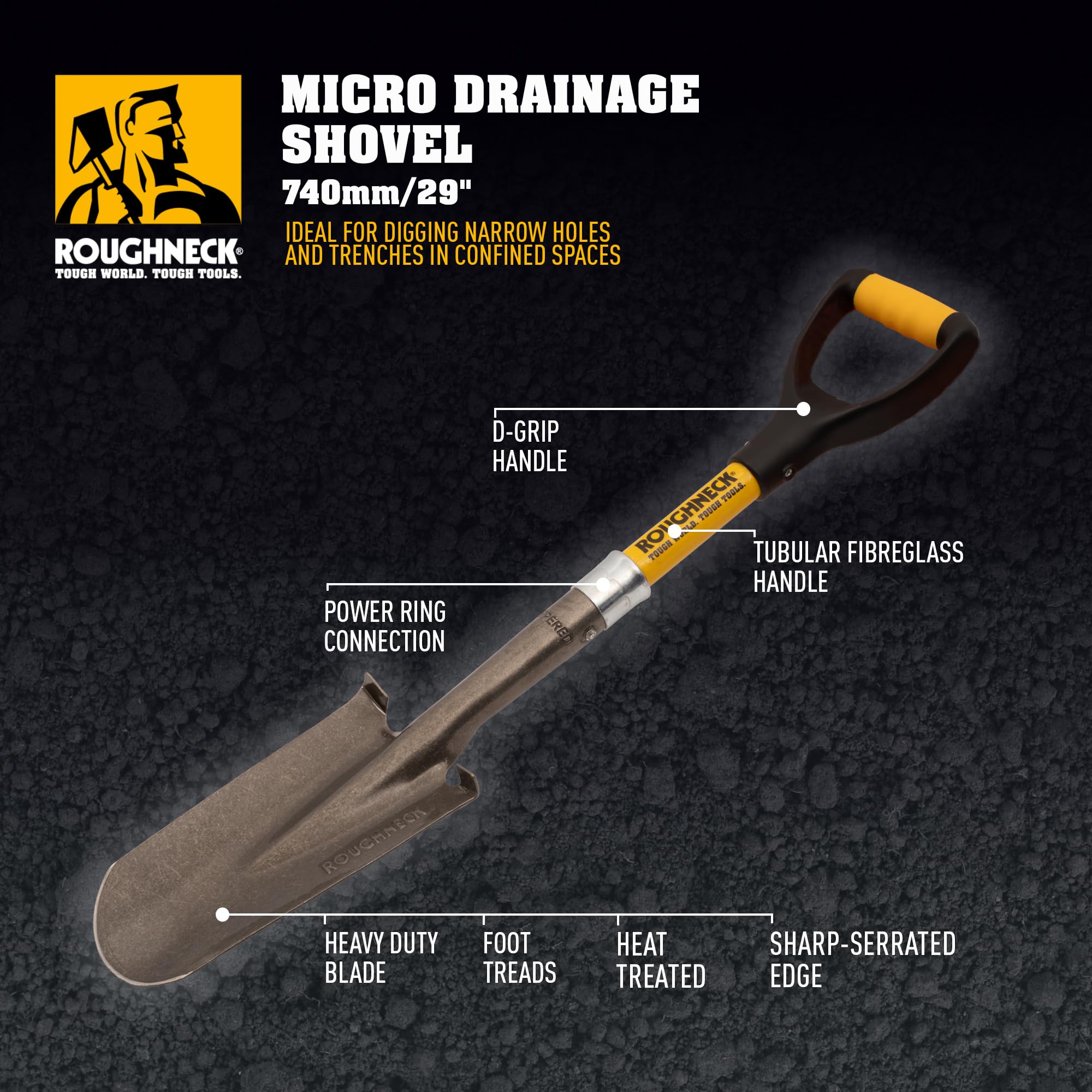 Pala per microdrenaggio Roughneck da 740 mm (29") – Lama lunga e tonda resistente per scavare trincee strette e profonde, canali e buche in spazi ristretti