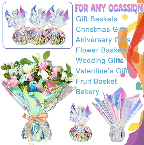 Miniatura 4 de Seajan Rollo de celofán iridiscente de 32 pulgadas x 200 pies, papel de regalo de arco iris, envoltura de celofán holográfico para canastas, ramo de