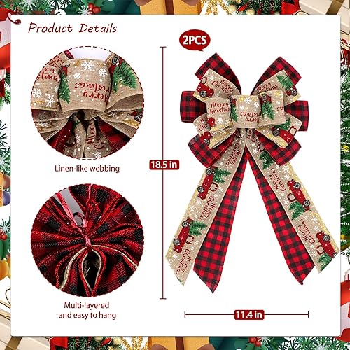 Miniatura 2 de Ndeno Paquete de 2 lazos de Navidad grandes, decoración de corona de árbol de Navidad a cuadros, guirnalda de lazo decorativo rojo para interiores y