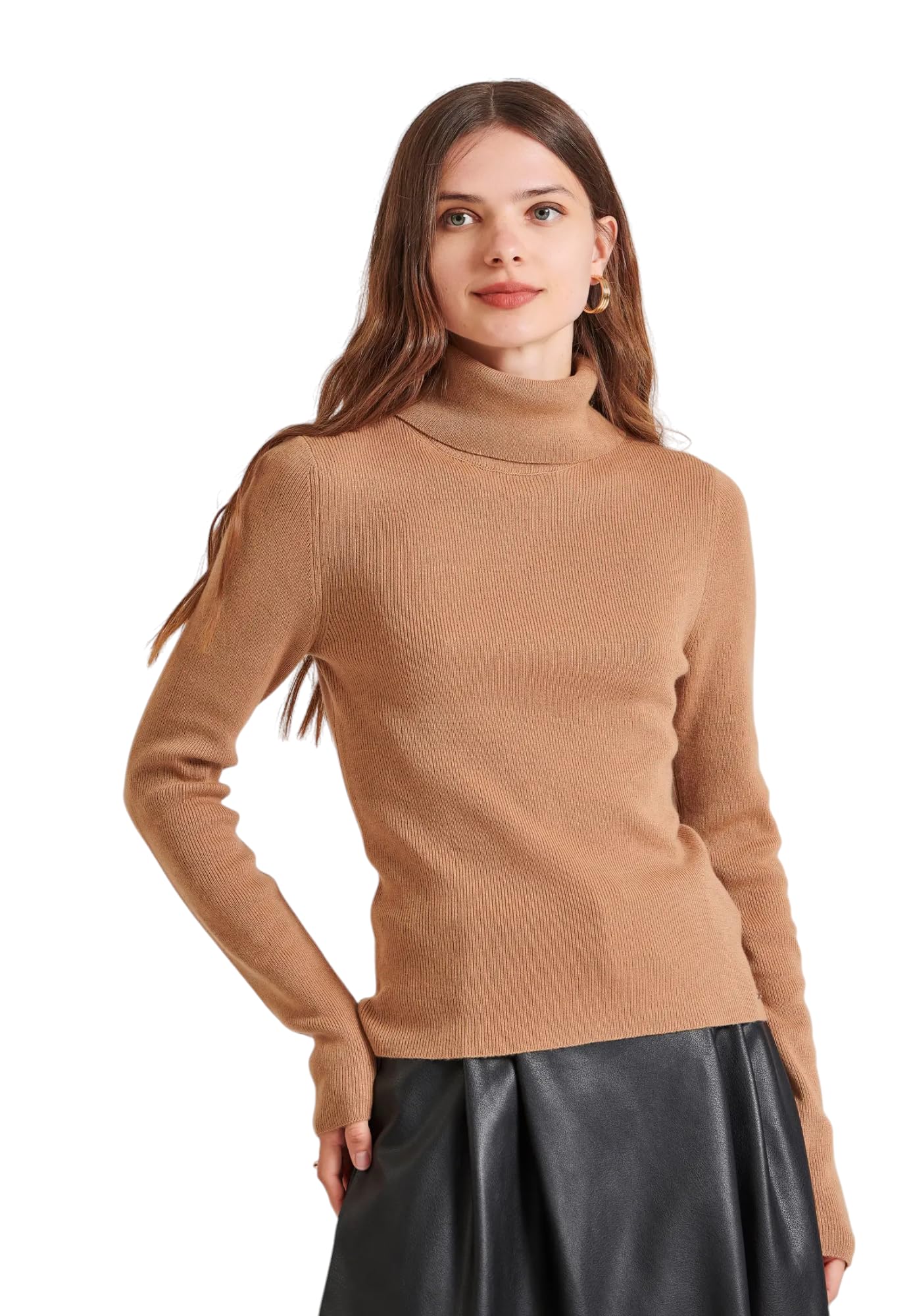 FUNKY BUDDHAWomen's Cashmere Blend Turtleneck Pullover with Soft Wool Blend & Long Sleeves Camel