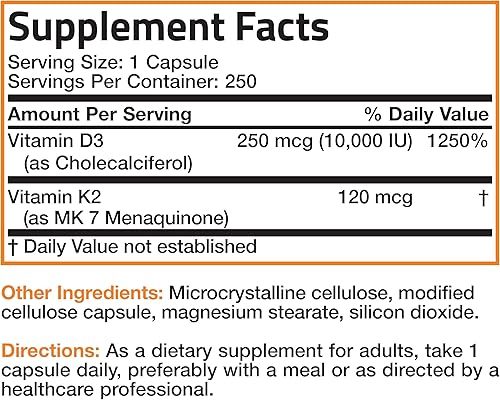 Vista 13 de Bronson Vitamina K2 (MK7) con suplemento extra fuerte D3 para la salud ósea y cardíaca Fórmula sin OMG 10,000 UI Vitamina D3 y 120 mcg Vitamina K2