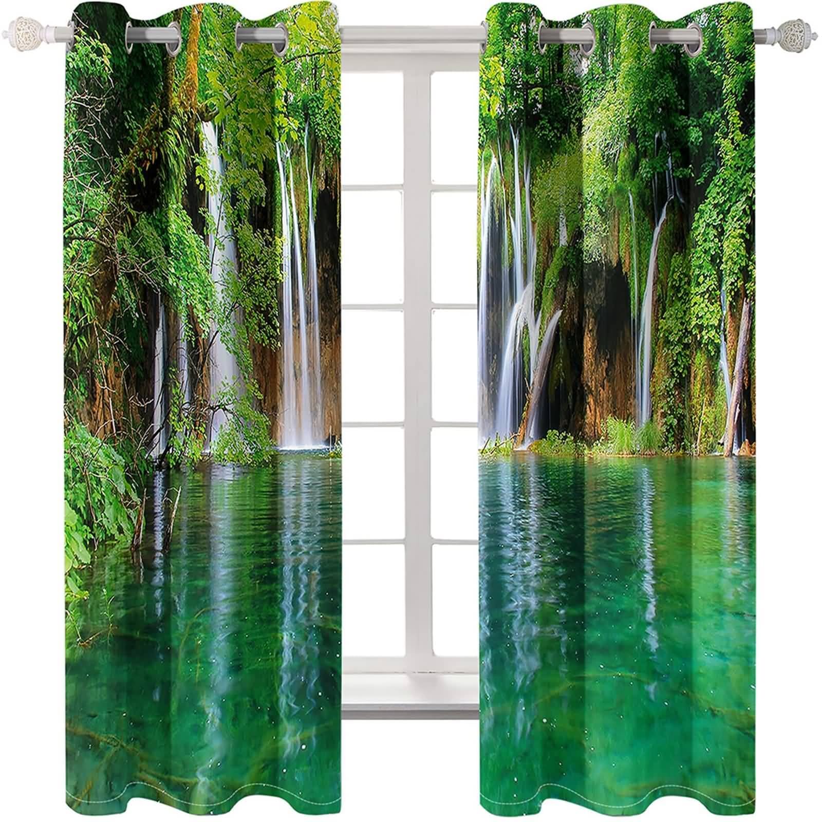 Verdunklungsvorhänge mit Ösen, 107x160cm Grün Braun Weiß Bäume, Bäche und See Sommer Vorhang Blickdicht mit Ösen Thermovorhang Kälteschutz Vorhänge Wohnzimmer Schlafzimmer Wärmeisolierend