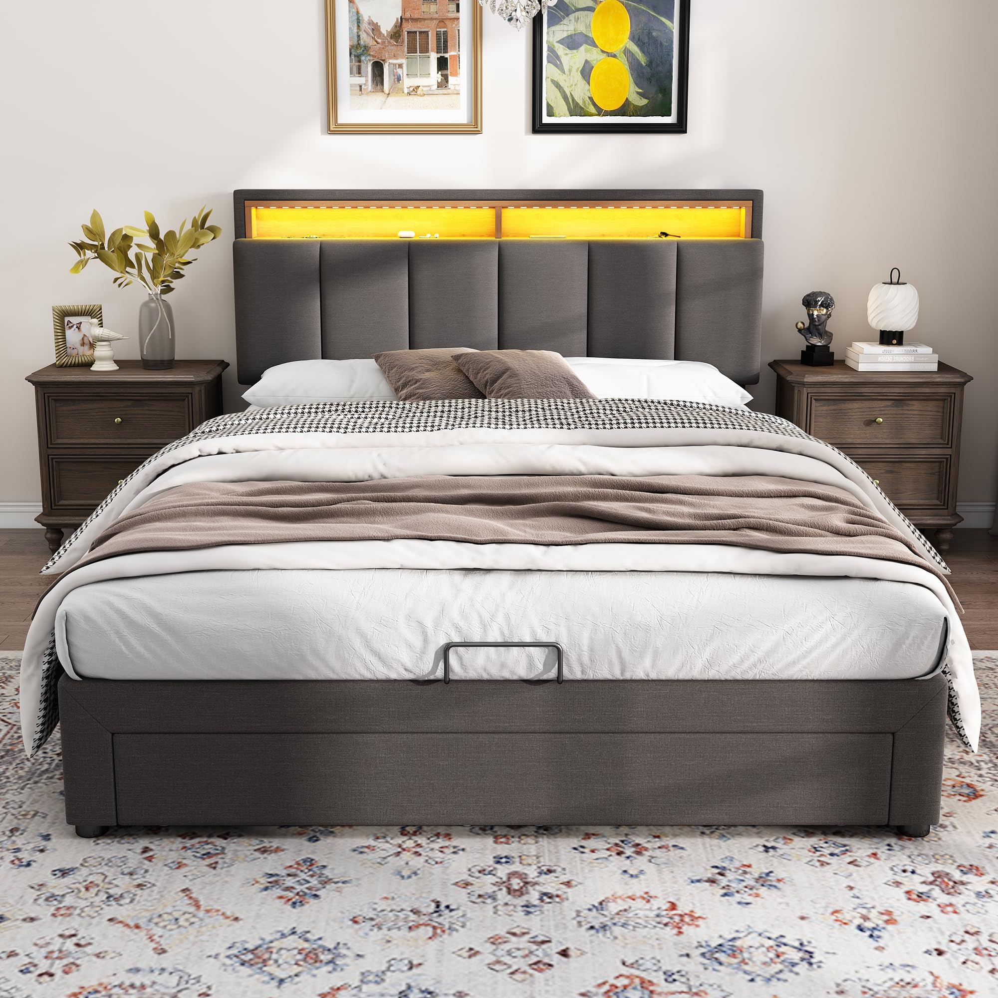 Cama Tapizada de 140x190 cm con LED y 2 Cajones, Estructura de Cama Doble con Soporte de Láminas y Almacenamiento Hidráulica, Cabecero con Almacenaje, Lino, Gris, Sin Colchon
