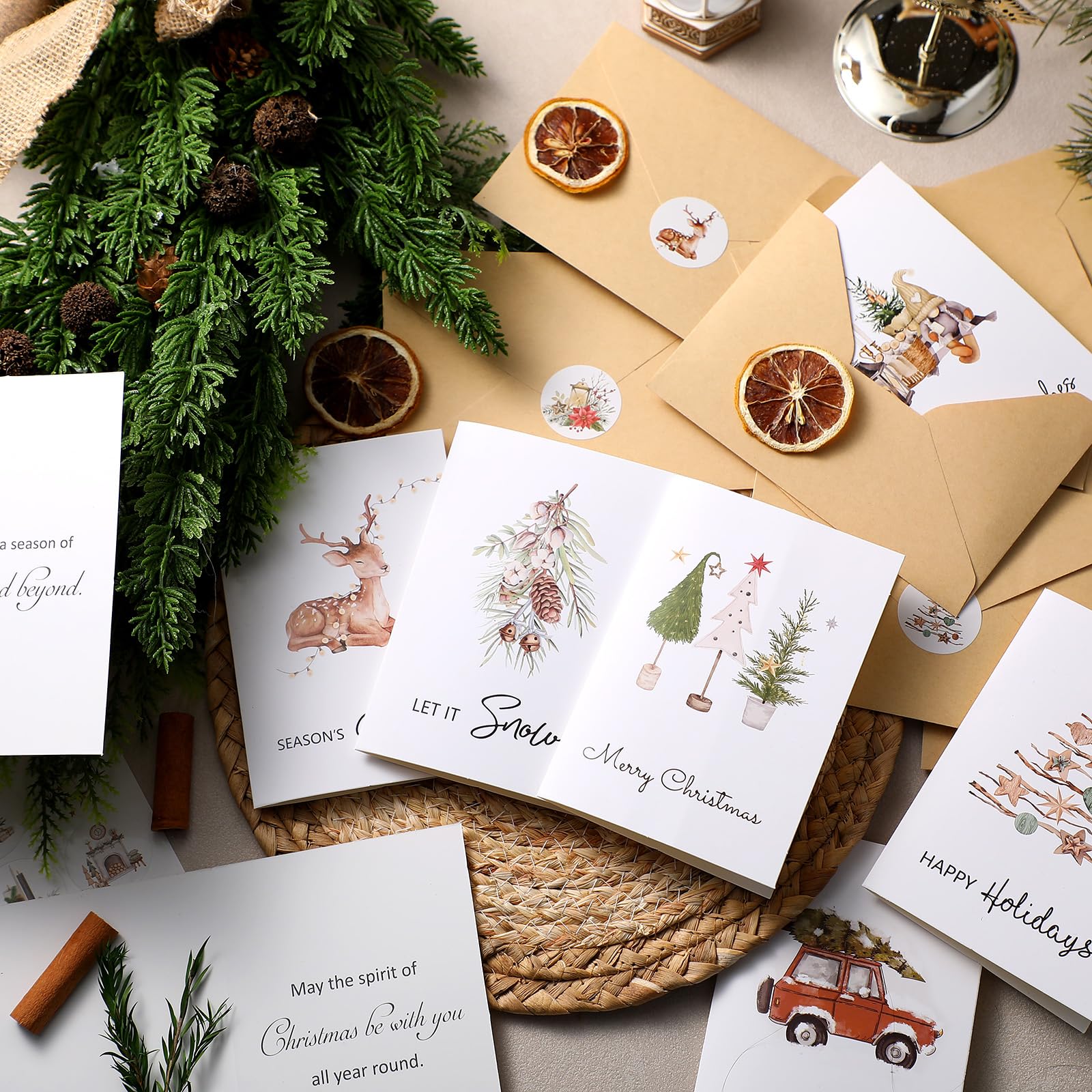 Engrowtic Lot de 120 cartes de Noël de 10,2 x 15,2 cm avec enveloppes kraft et autocollants Assortiment de cartes de vœux rustiques pour Noël, Nouvel An, fournitures de fête