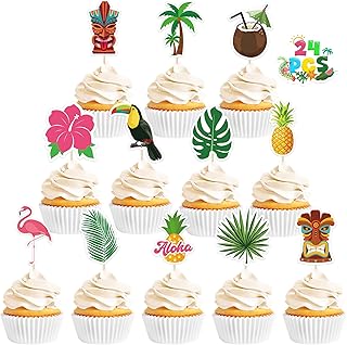 24 Pcs Hawaiian Cupcake Toppers, Disposable Pineapple Flower Palm Tree Flamingo Cake Picks, Aloha Cake Decorations for Summer Hawaiian Luau Theme Birthday, Wedding Party Supplies