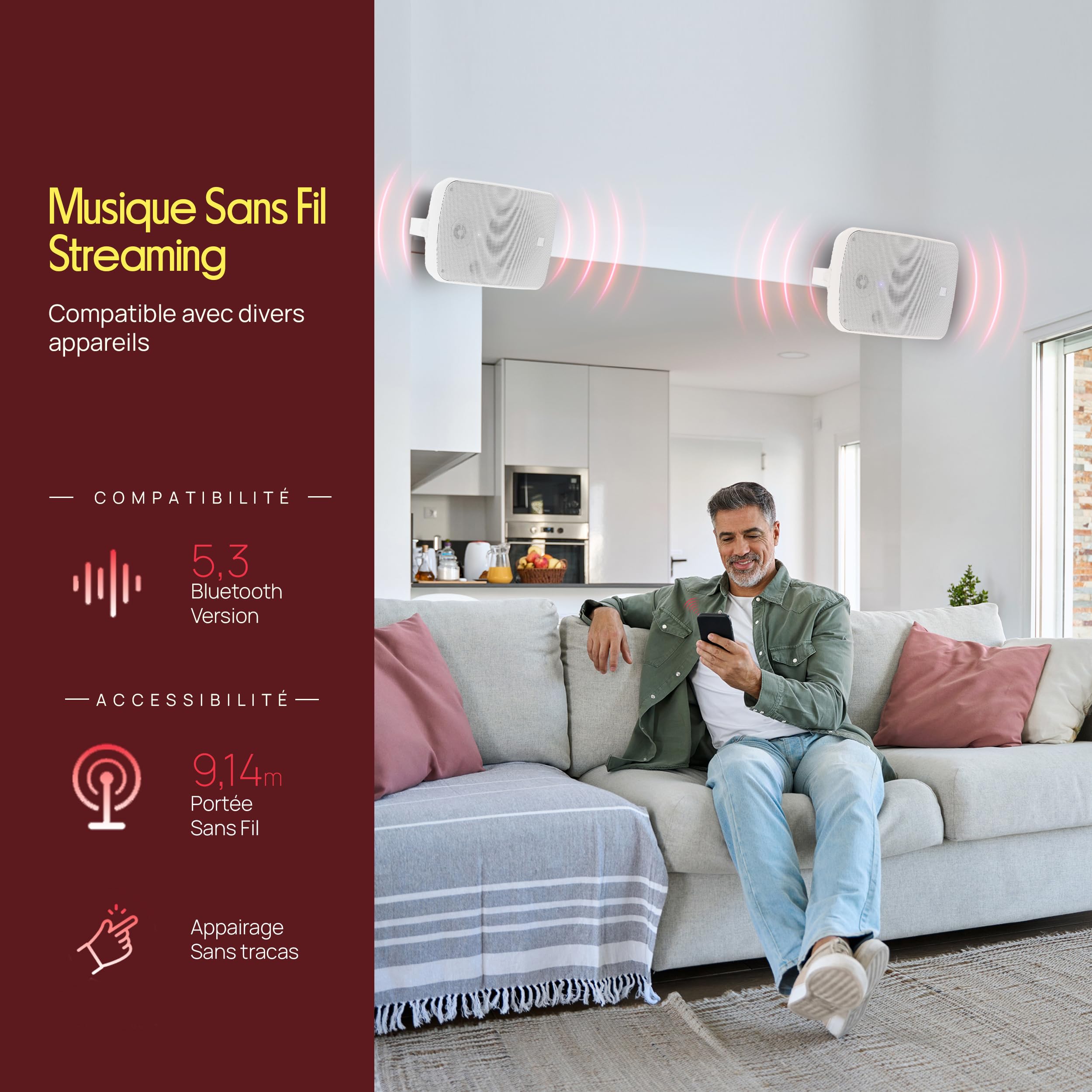 Pyle Enceintes Bluetooth - Haut-Parleurs sans Fil pour Extérieur - Paire Active et Passive 2 Voies - 800 Watts - Enceinte Mural, Plafond avec Grille Métallique et Fixation Universelle - Blanc