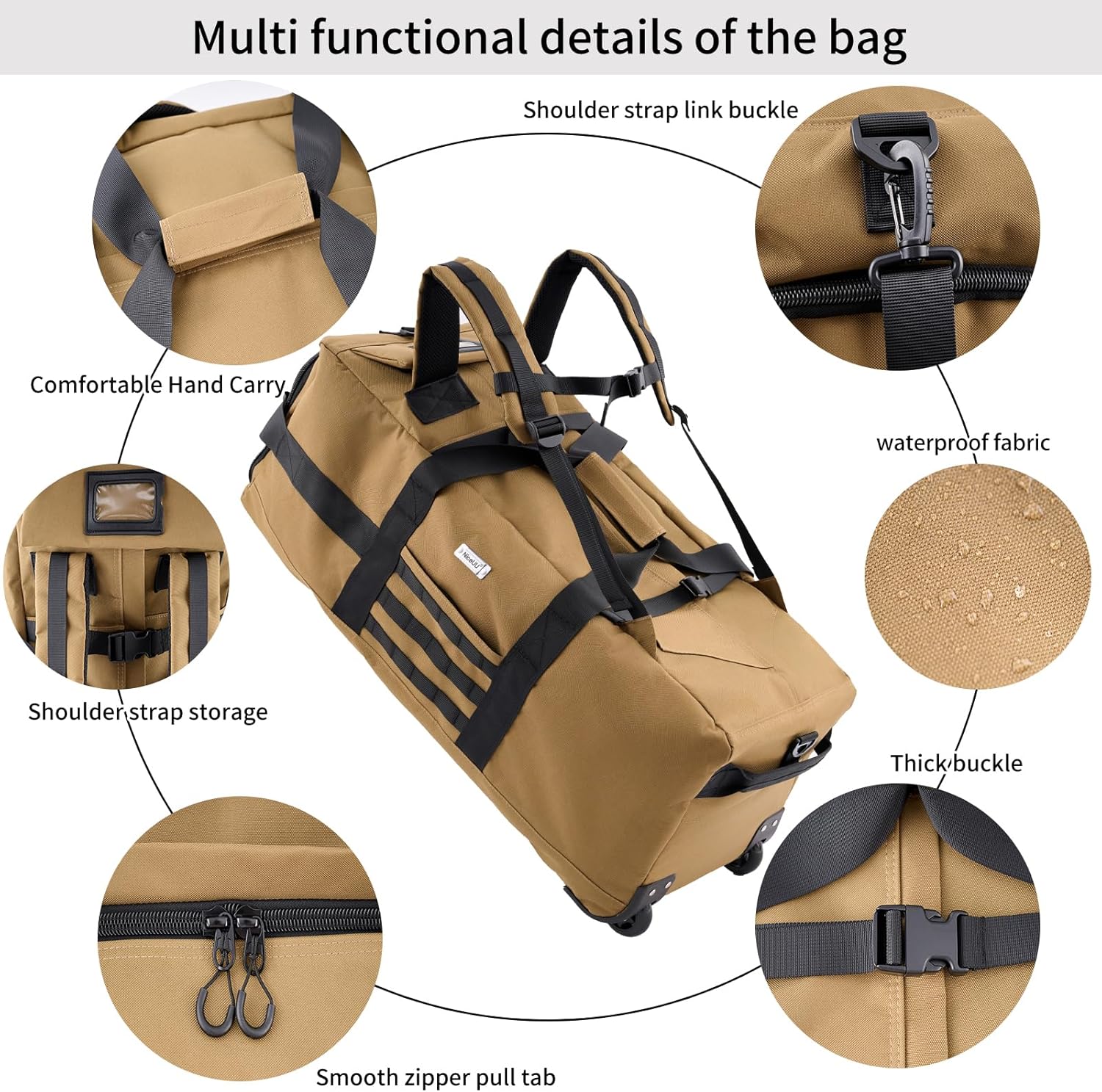 80L Waterproof Rolling Duffel Bag with Wheels,Rolling Garment Bag,Military Tactical Wheeled Foldable Backpack For Deployment Traveling Camping Sporting (Khaki) - Image 3