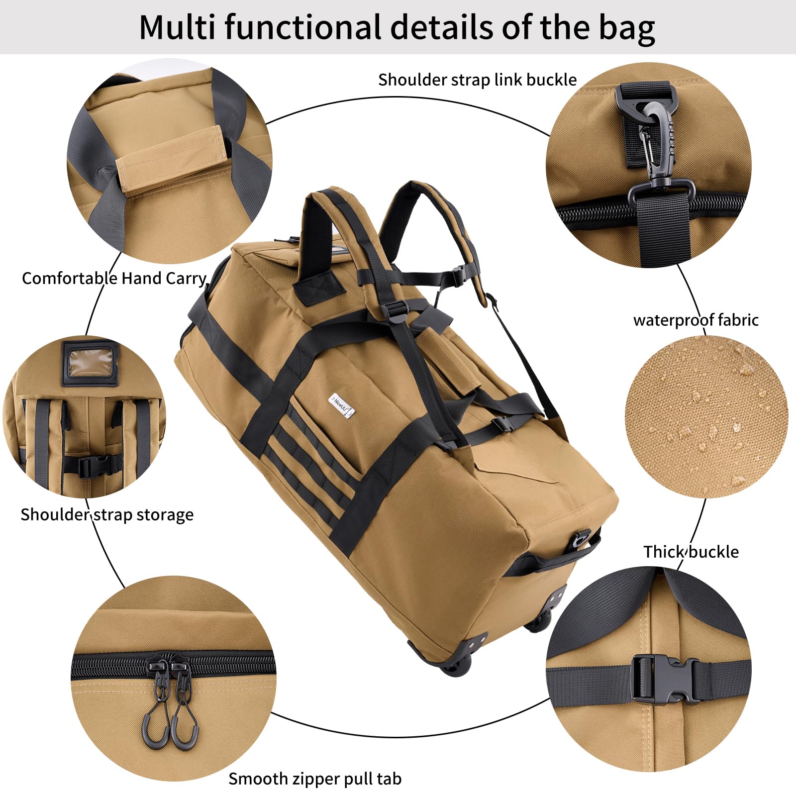 Reisetasche mit Rollen, großer Rollrucksack, militärischer taktischer Rollen, faltbar, für Einsatz, Camping, Sport, Wochenender, Übernachtung, persönliche Gegenstände, Seesack, 80 l, Khaki, 31.5" L x