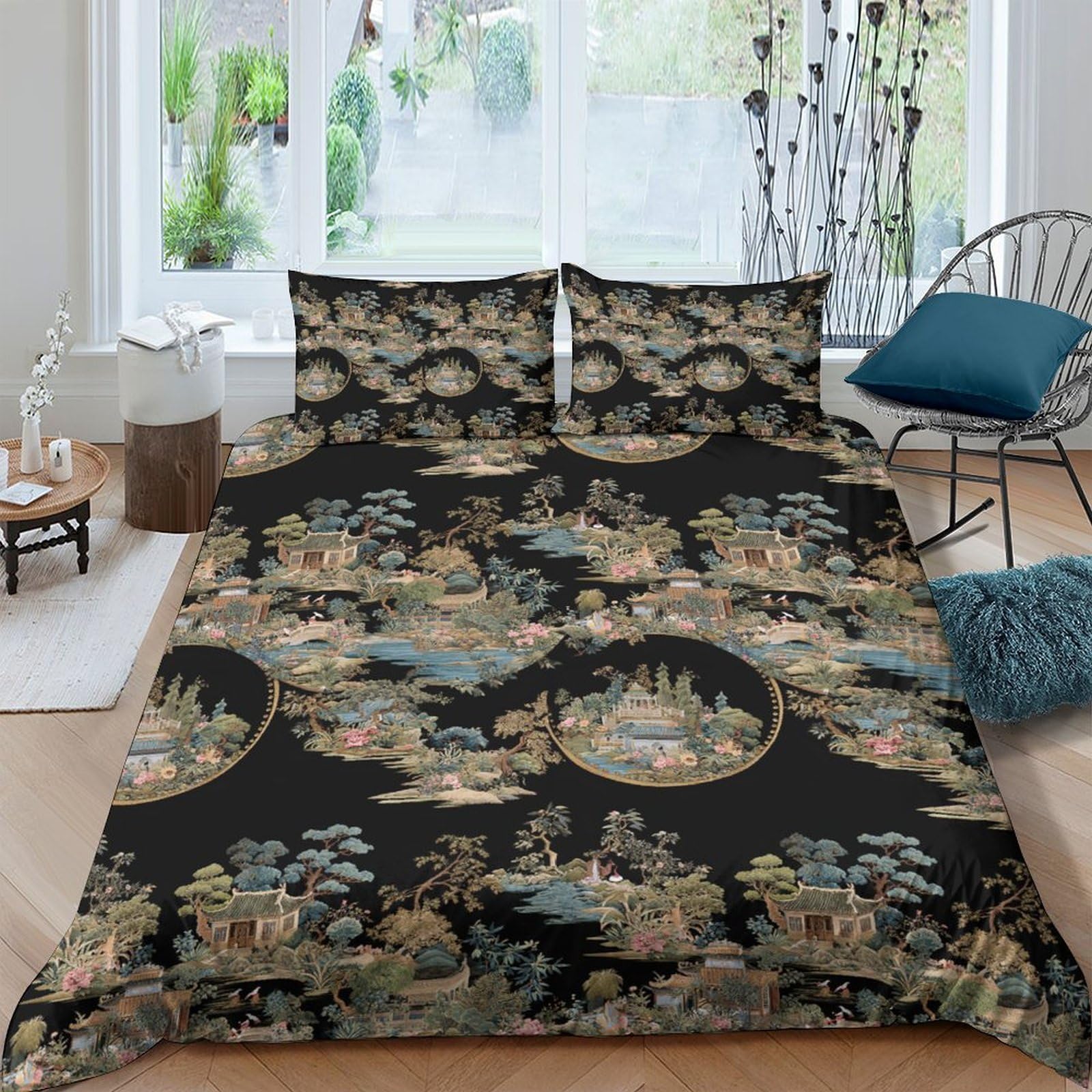 Ctjqhvkz Style-10 3D Printed Oriental Landscape Fitted Sheet Microfiber Soft Black Chinese Painting Bed Cover For Bedroom Decor Single（135X200cm）