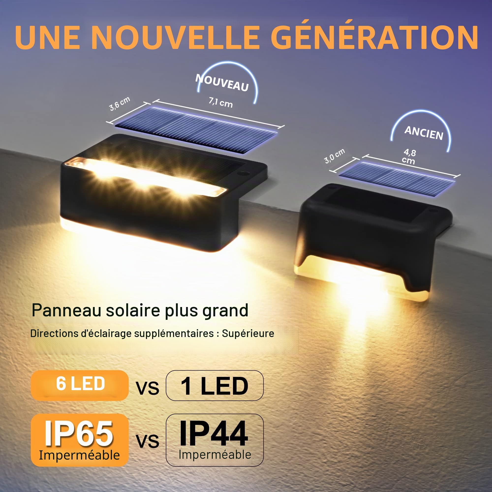 Solpex Lot de 12 lampes solaires d'extérieur Blanc chaud Escalier Etanche Lampes Solaires Eclairage LED pour Escalier Extérieur, Marches Clôture, Jardin, Cour, Patio, Décoration (Noir,blanc chaud)