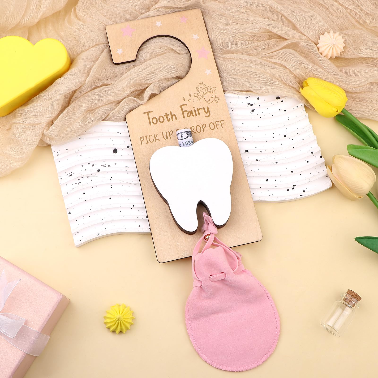 Aoesuny Tooth Fairy Door Hanger Tooth Holder Bag with Velvet Pouch Baby Teeth Keepsake Container Encourage Gift for Lost Milk Teeth - Image 4