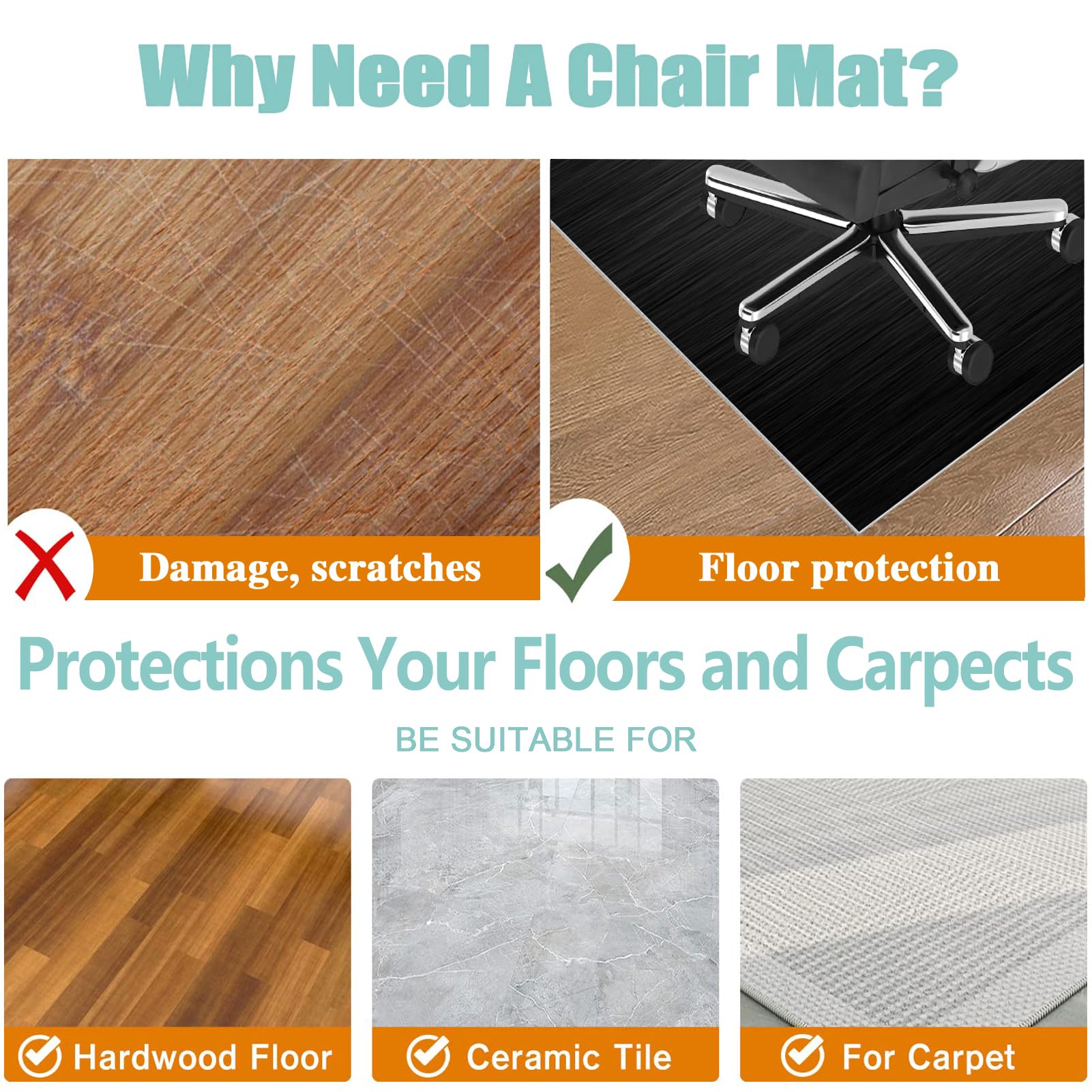 Xiaputcr Floor Mat for Office Chair Office Chair Mat for Hardwood Floor Non Slip Gaming Computer Chair Mat Multi-Purpose Floor Protectors for Rolling Chairs Carpet Protections Chair Mats 100 x 150 cm - Image 4