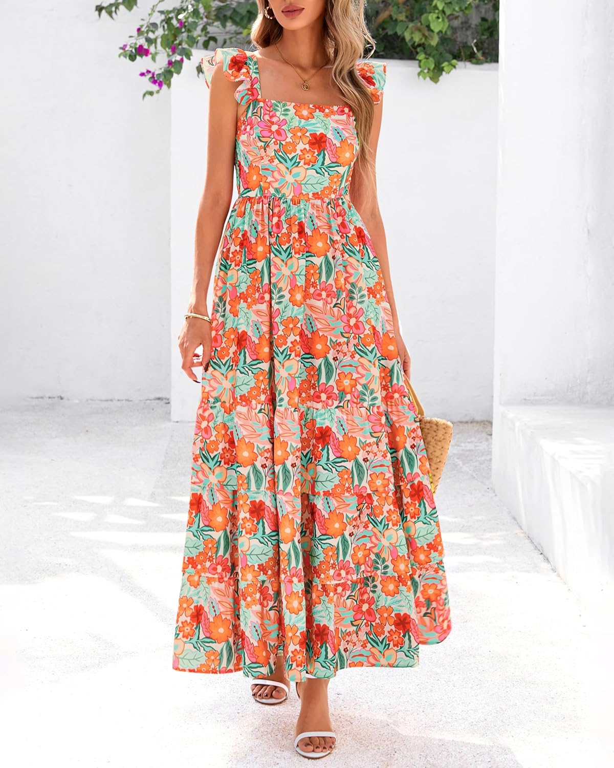 dowerme Summer Dresses for Women 2026 Casual Ruffle Smocked Tiered A-Line Boho Floral Maxi Beach Sun Dress with Pockets - Image 3