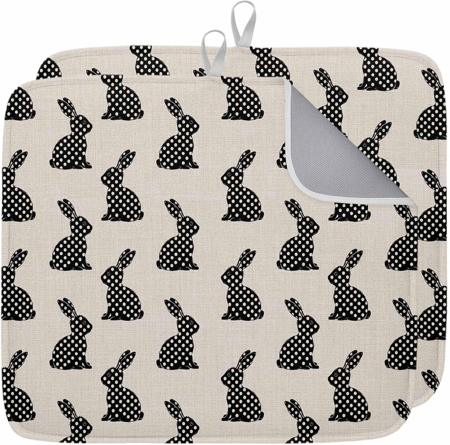 Easter Rabbit Dish Drying Mat for Kitchen Counter Polka Dots Bunny Spring Linen Retro Super Absorbent Microfiber Coffee Bar Mat Washable Dish Drainer Rack Mat, 2 Pack, 18" x 24"