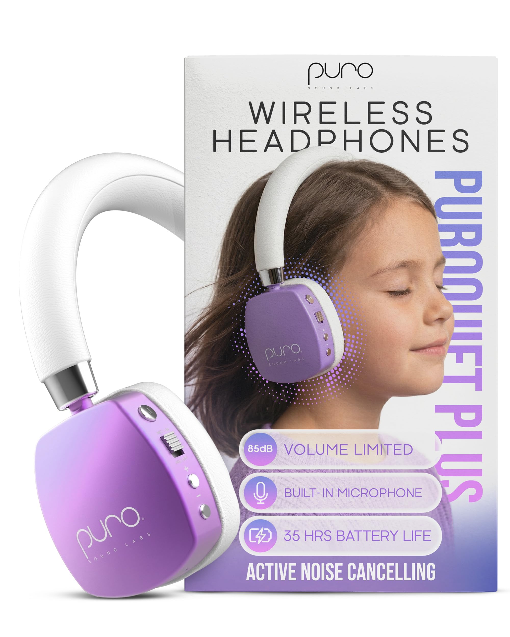 Puro Sound Labs PuroQuiet Plus, cuffie Bluetooth ANC per bambini, con microfono e suono sicuro, qualità studio (viola)