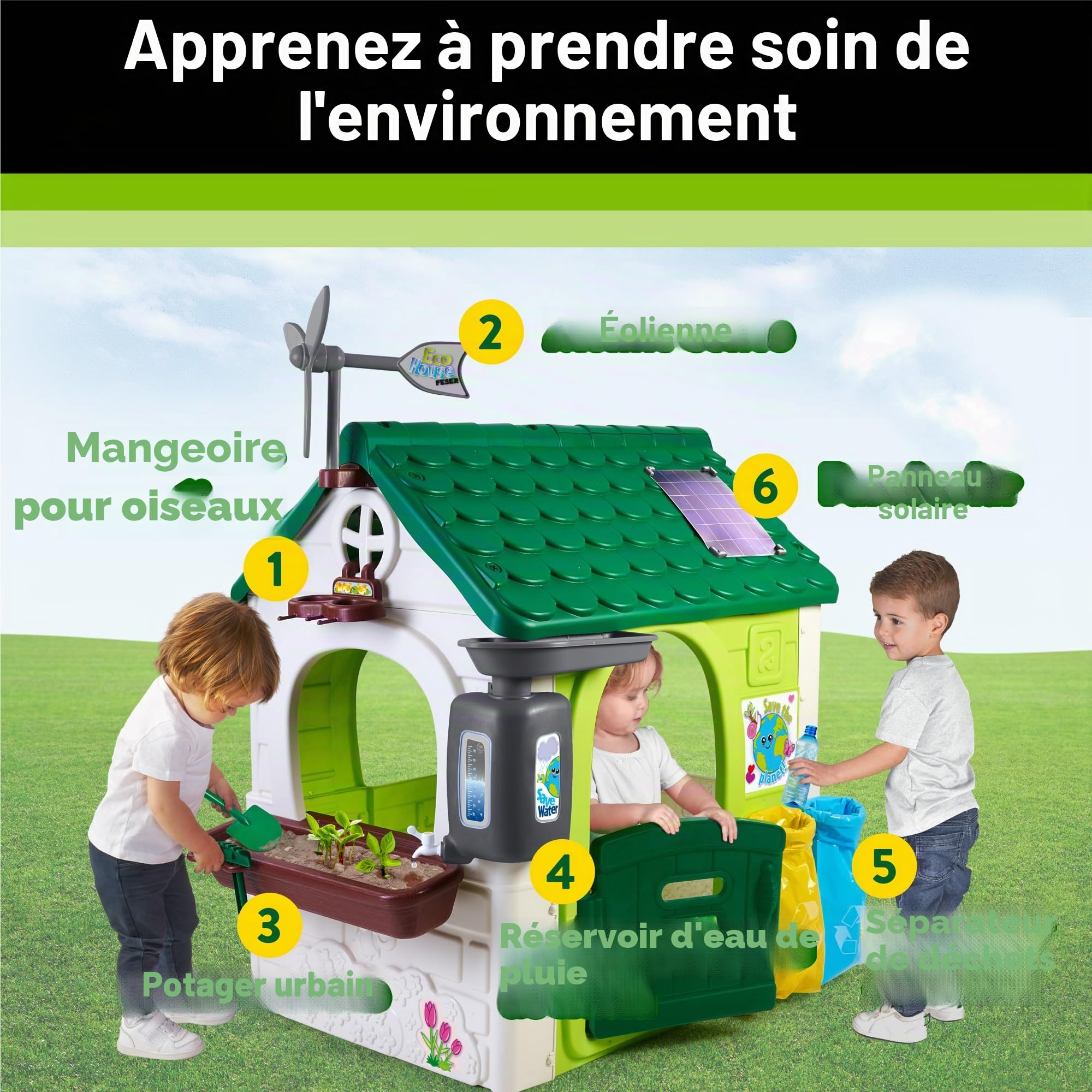 FEBER - Eco House | Maison de Jardin Éducative avec Jeux Écologiques, Jardinière Urbaine, Poubelles de Tri, Moulin à Vent – Idéale pour Les Enfants Amoureux de la Nature, Dès 2 Ans. (FEH16000)