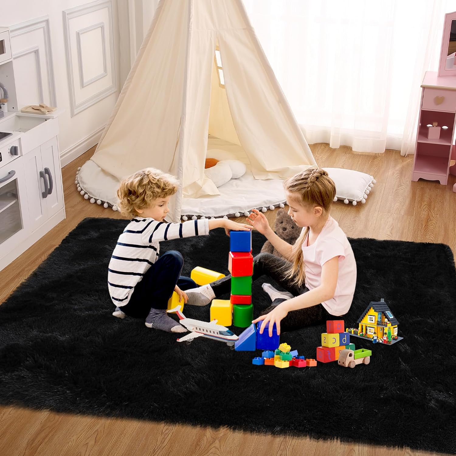 GAOMON 9x12 Fluffy Area Rugs, Bedroom Furry Rug for Living Room, Fuzzy Shag Fur Rug for Nursery Room Tie-Dyed Non-Skid Plush for Indoor Home Floor Carpet, Black