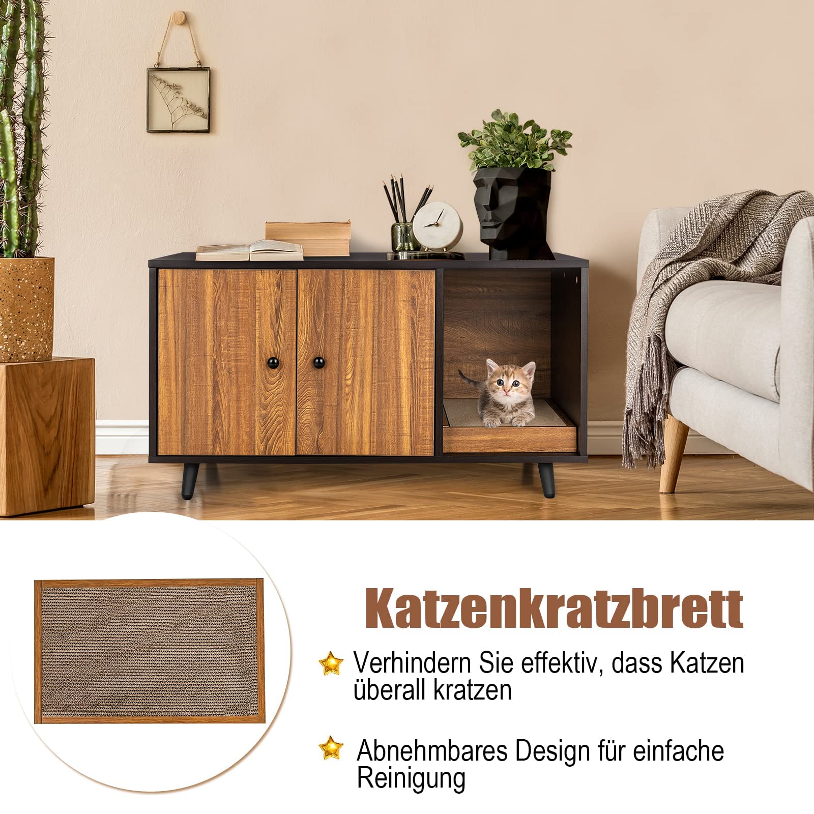 FANTASK Casetta laterale 2 in 1, tavolo e armadietto per gatti con 2 ante, tavolino da caffè e lettiera per gatti, in legno, con design impermeabile, buona circolazione dell'aria, 90 x 50 x 50 cm