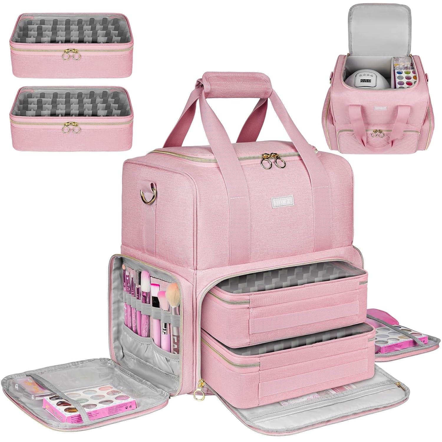 Nail Polish Organizer Holds 80 Bottles and a Nail Lamp,Nail Polish Carrying Case with 2 Removable Bags,Nail Organizers and Storage for Nail Tech,Portable Nail Polish Holder for Nail Supplies,Pink