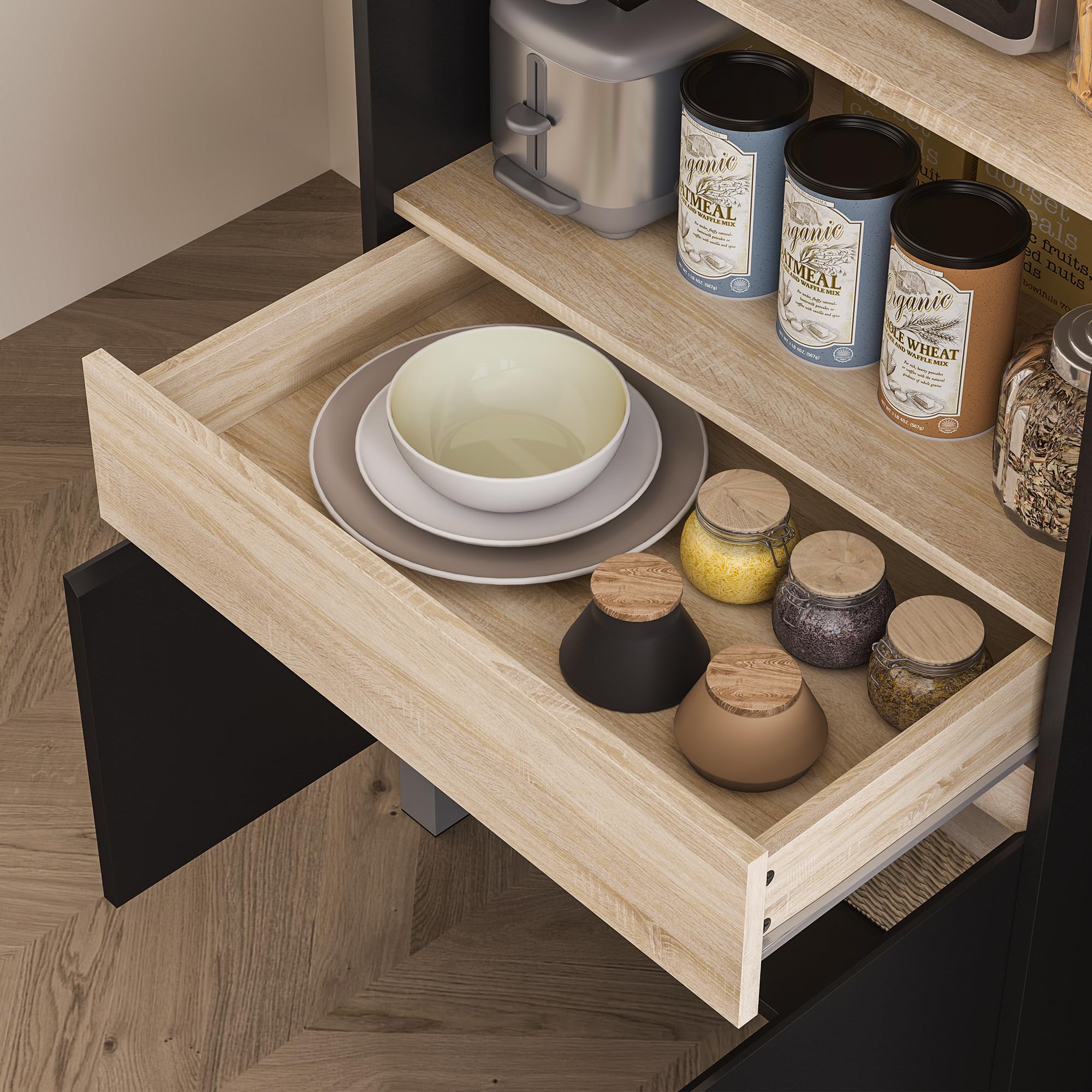HOMCOM Meuble Micro Onde Buffet Cuisine 60 x 40 x 131 cm Chêne Noir | avec Placard, Tiroir, Étagère Supérieur, Meuble Micro Ondes Cuisine Rangement, pour Salle à Manger, Salon