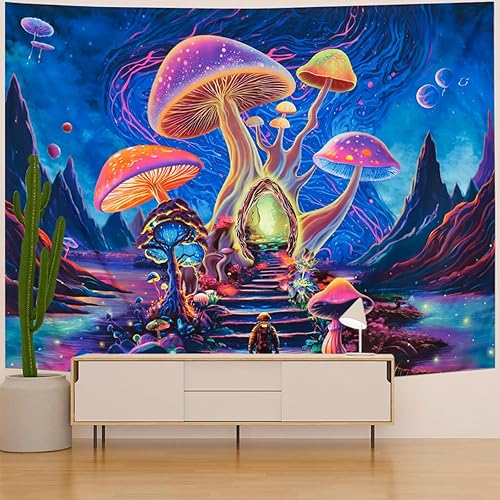 Miniatura 2 de Maccyafst Tapiz de hongos con luz negra, galaxia y planeta, tapiz reactivo a los rayos UV, tapiz de pared con plantas florales, tapiz de fantasía,