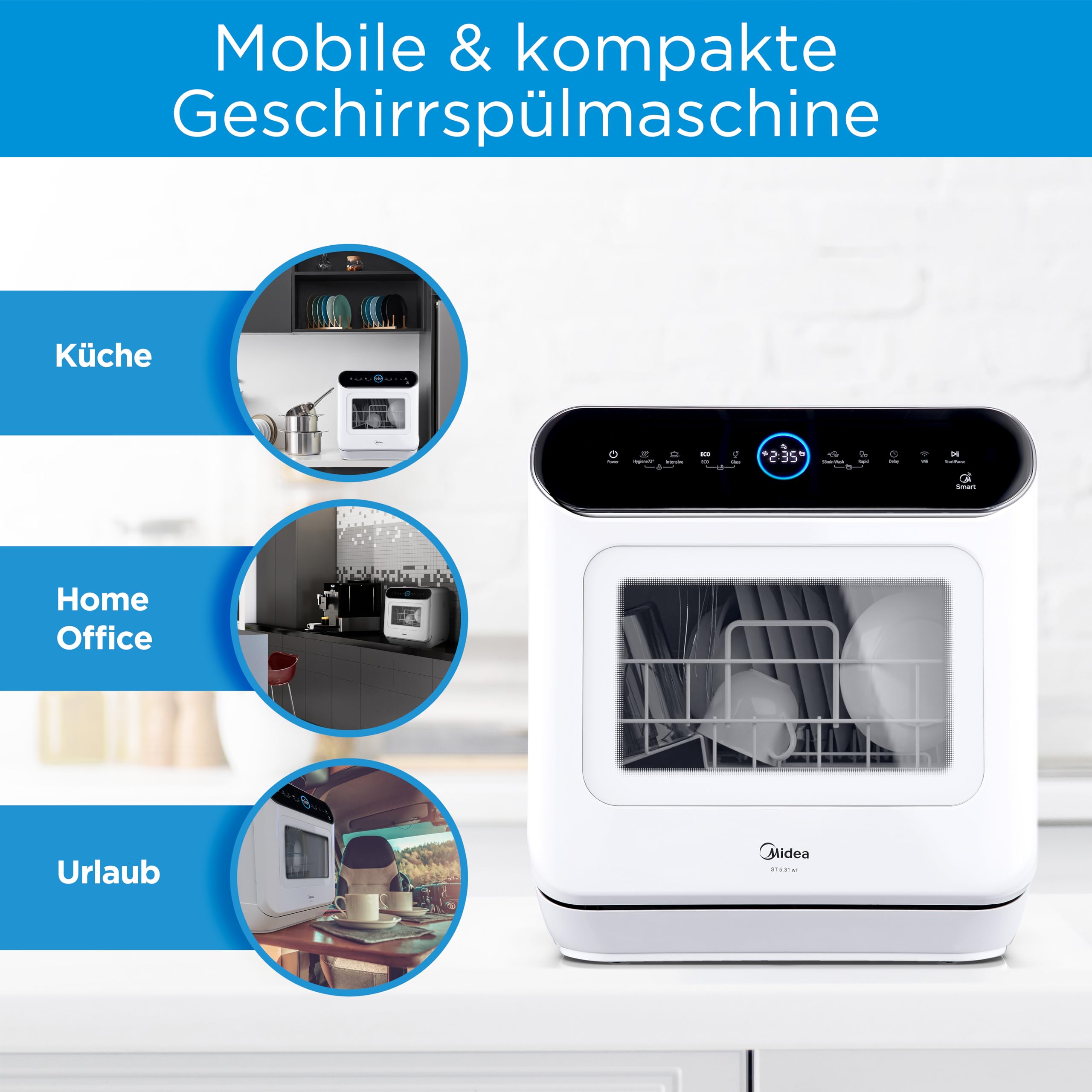 Midea Mini lave-vaisselle de table 42 cm autonome WiFi 3 couverts écran LED commande tactile Blanc