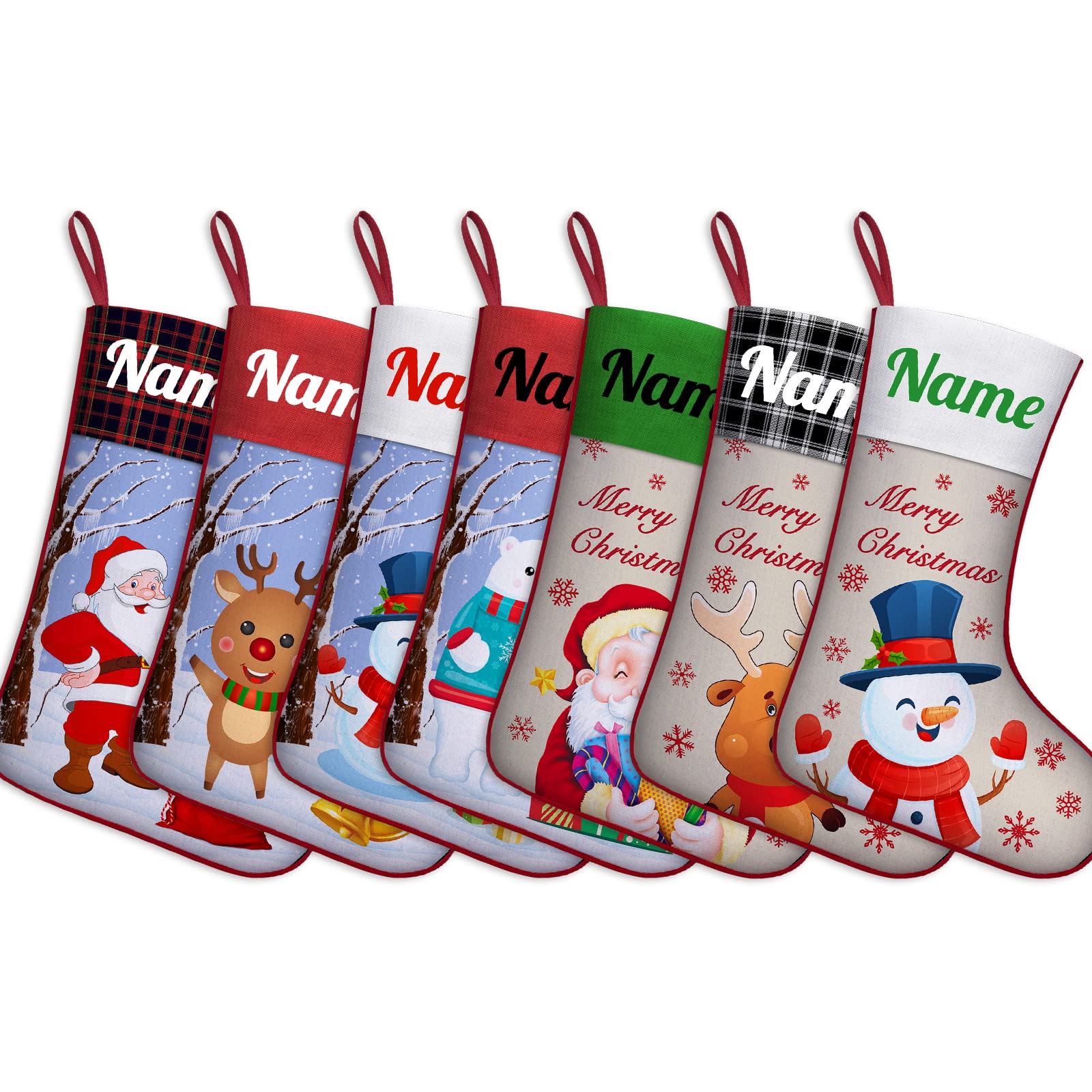 Juego de 7 medias de Navidad personalizadas con nombre, adorno familiar para decoración navideña de Navidad, mixtas