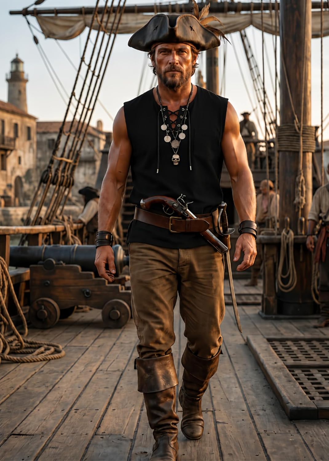 BLESSUME Men's Sleeveless Renaissance Shirt Cotton Medieval Pirate Viking Tunic Lace Up Vest Top for LARP Cosplay