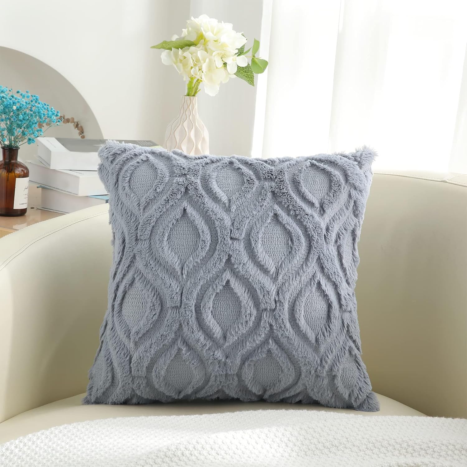decorUhome Throw Pillow Covers 18x18 Inch Set of 2, Soft Plush Faux Wool Blue Grey Couch Pillow Covers, Spring Solid Dyed Accent Pillow Cases for Sofa Bed Living Room Home Decor - Image 7