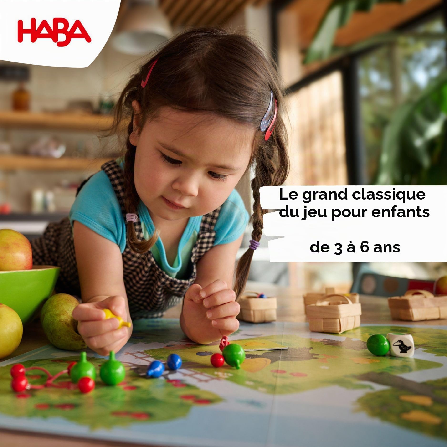 HABA Verger – Jeu coopératif dès 3 Ans, avec 40 Fruits en Bois colorés, pièces Robustes et règles Simples – Jeu de société Familial pour 1 à 8 Joueurs – 1004170001
