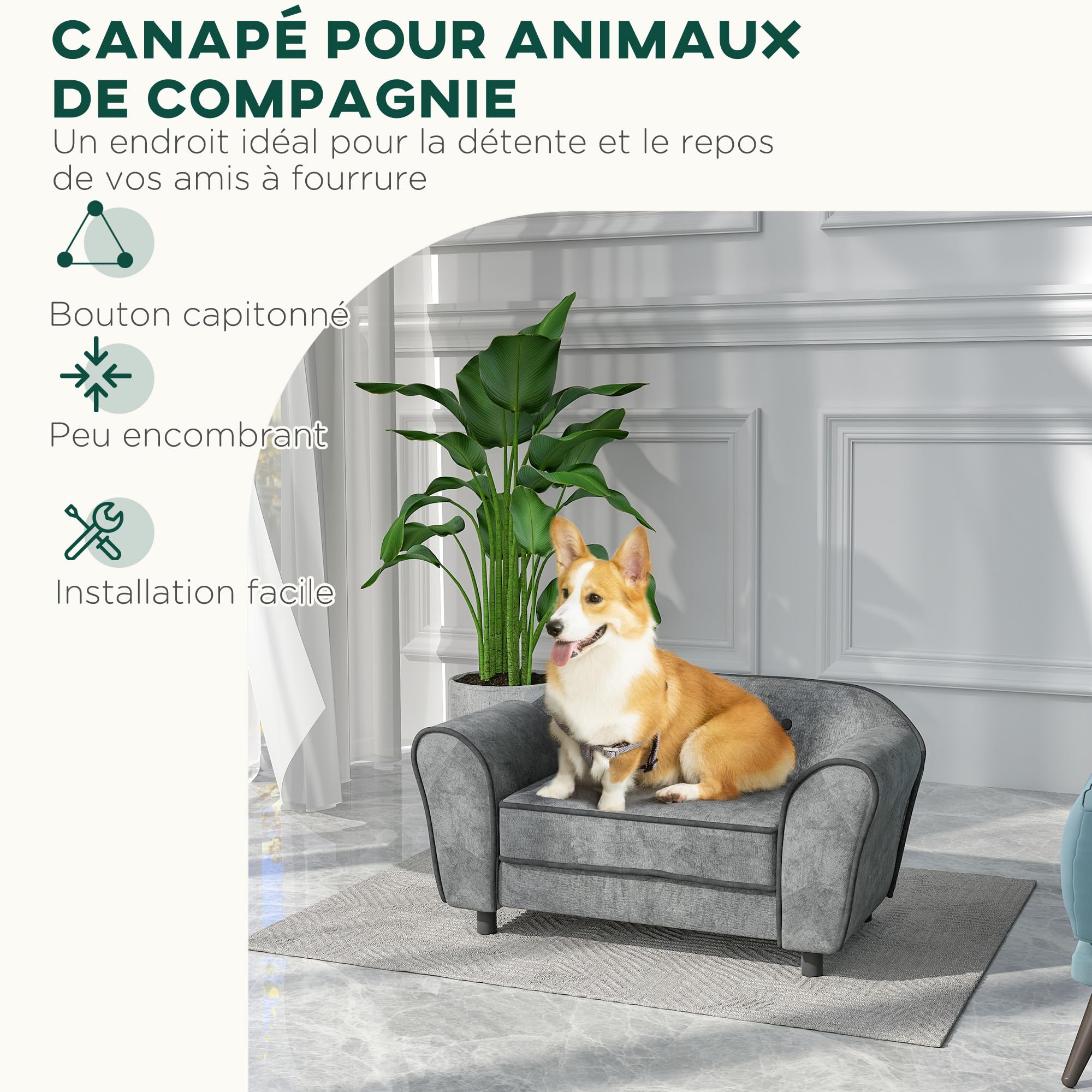 PawHut Canapé pour Chien, canapé pour Chat, Dossier capitonné au Toucher Velours néerlandais, Housse de Coussin Lavable, canapé pour Animaux domestiques, 74 x 41 x 32,5 cm, Gris