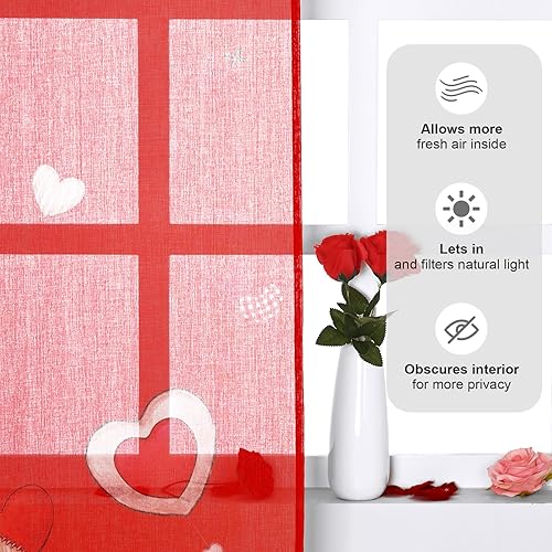 Miniatura 4 de Cortinas para el día de San Valentín para sala de estar, cortinas semitransparentes de gasa roja de 63 pulgadas de largo, 2 paneles con bolsillo