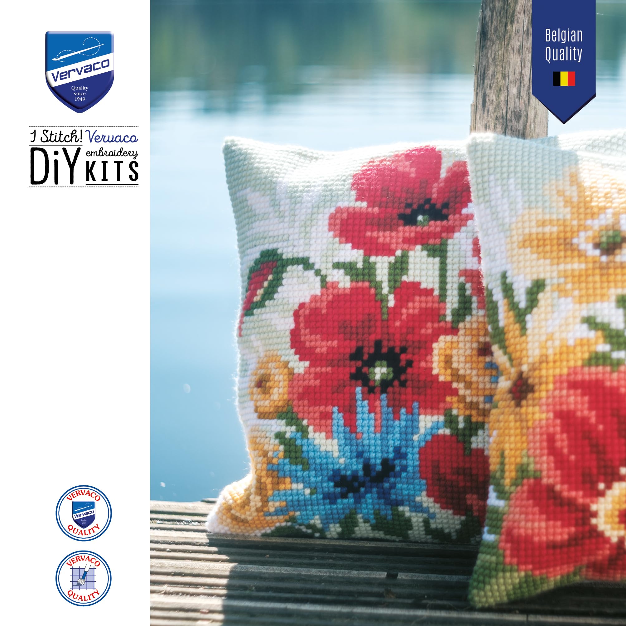 VERVACO Zestaw do Haftu Krzyżykowego Poduszka BUKIET MAKÓW Kanwa z Nadrukiem 40 x 40 cm Gruba Włóczka Akrylowa Zrób to Sam Dekoracja Domu DIY Cross Stitch Kit
