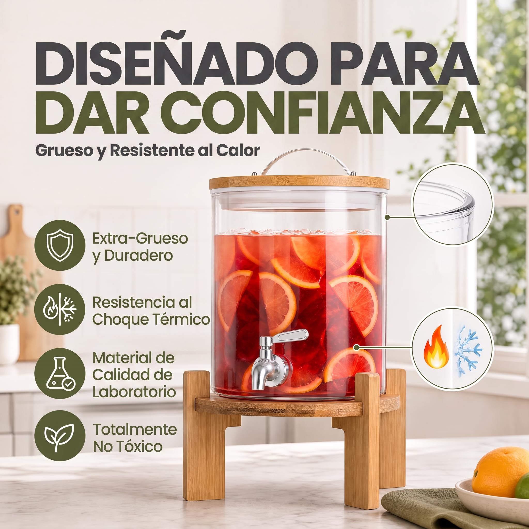 Dispensador de bebidas con grifo antigoteo de acero inoxidable Dispensador de agua de vidrio con soporte y tapa de bambú Dispensador de limonada de vidrio borosilicato resistente al calor (5 litros)