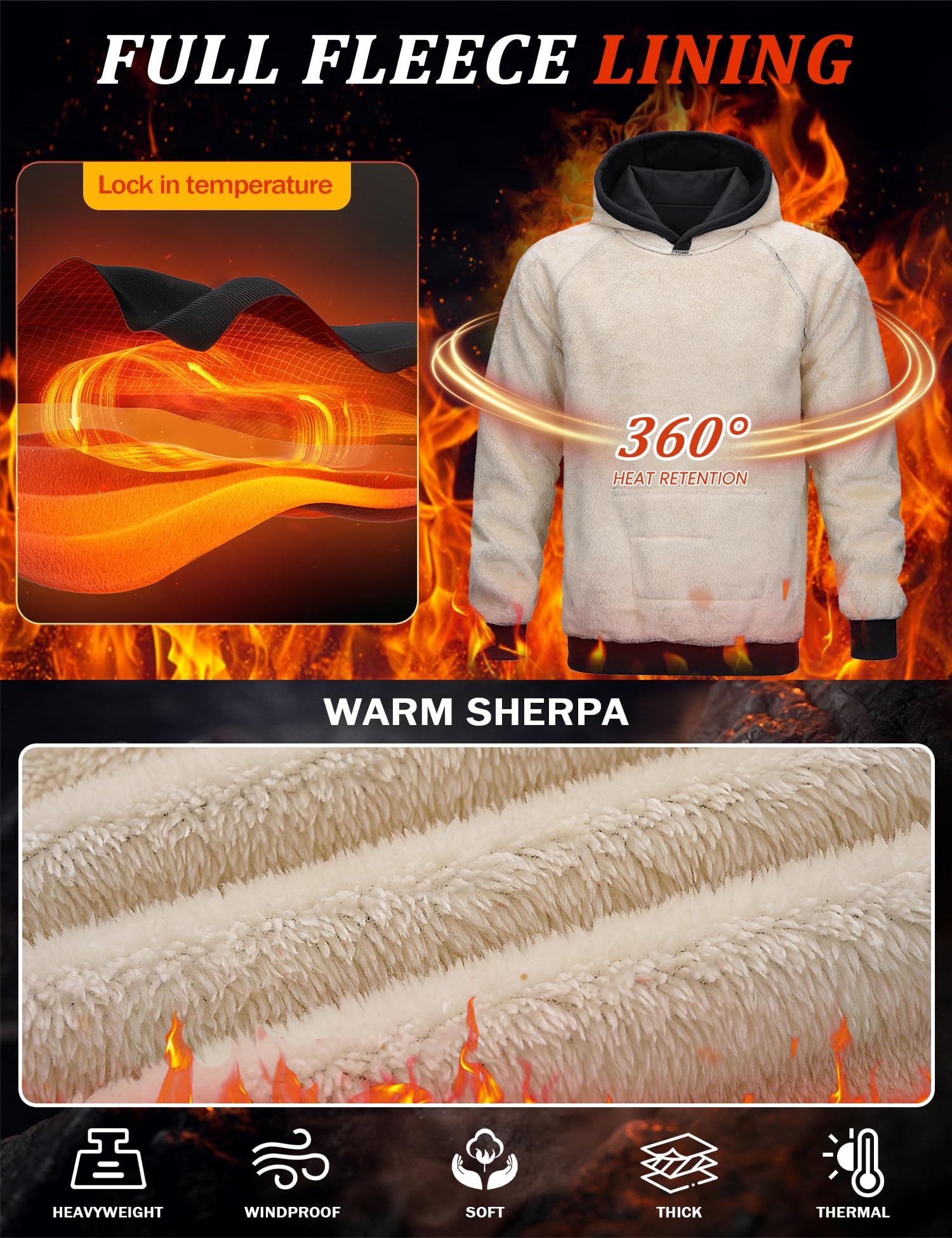 MAGCOMSEN Sherpa-Kapuzenpullover für Herren, schweres Fleecefutter, dick, Winter, Thermo-Sweatshirt mit Kängurutasche