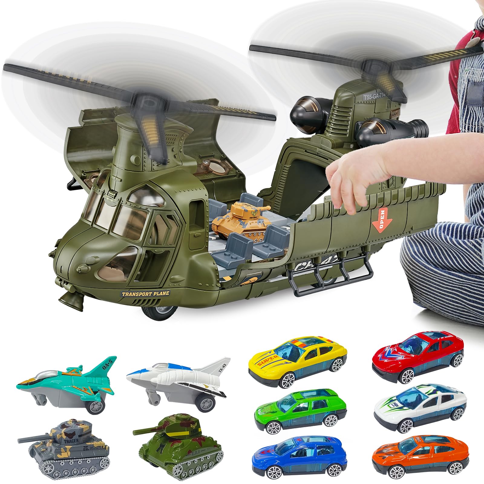 Juego de juguetes de helicóptero militar con luz, juguete de helicóptero de transporte alimentado por fricción con tanques del ejército, aviones, mini autos, juguetes militares, juego militar