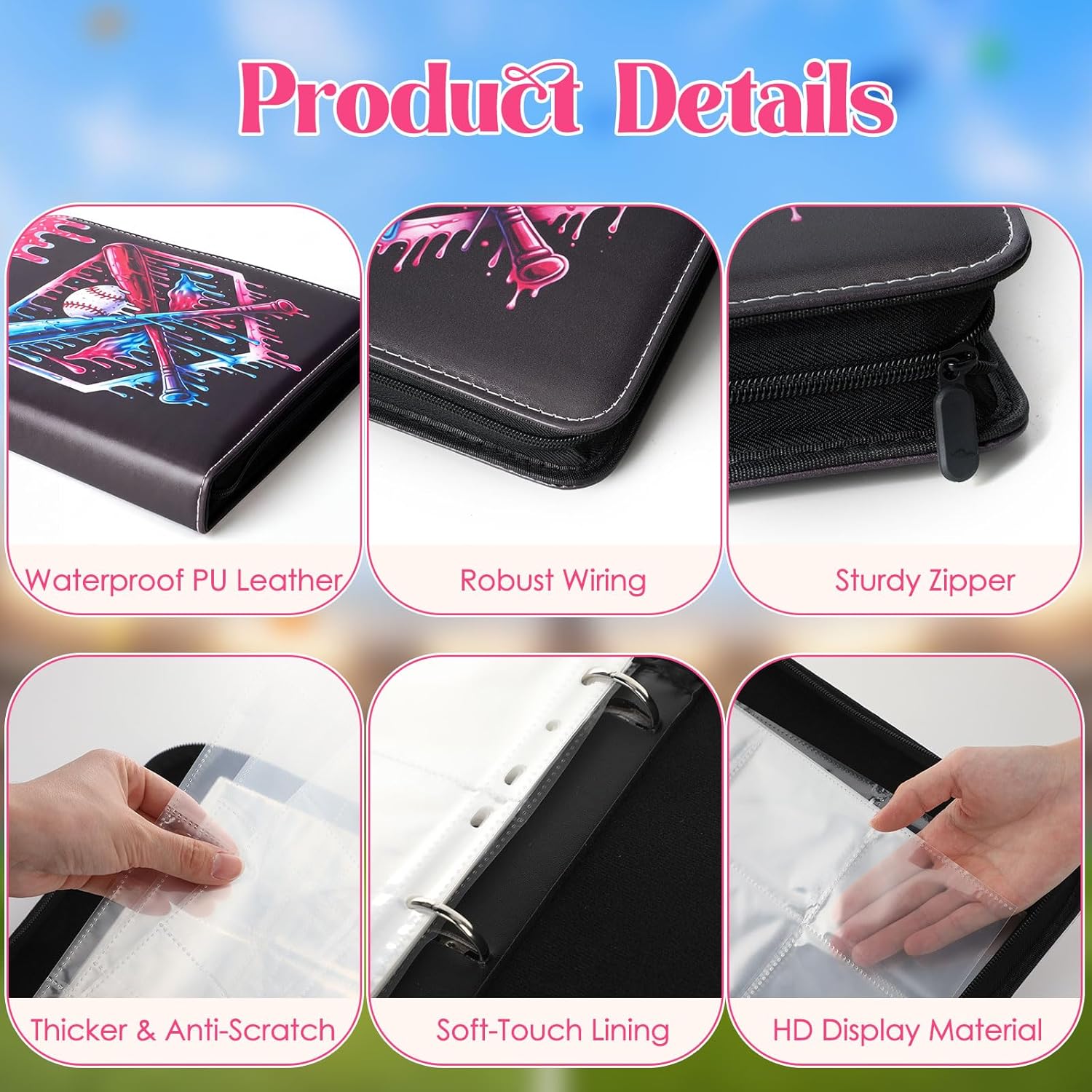 Pasimy 900 Pockets Baseball Card Binder for Trading Cards 9 Pockets with 50 Removable Sleeves 3 Ring Baseball Card Holder Binder with Zipper