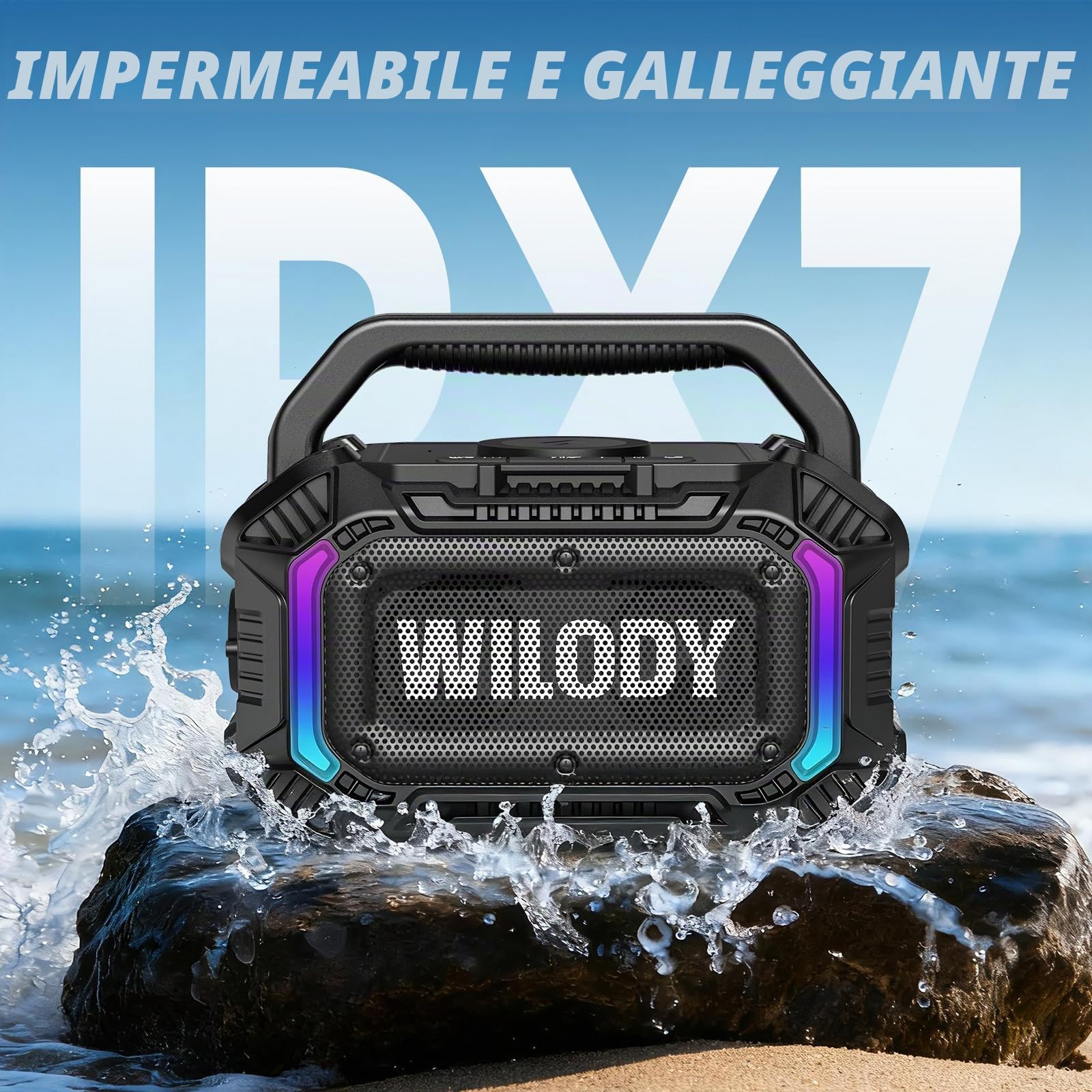 Wilody Altoparlante Bluetooth portatile wireless,cassa bluetooth portatile con bassi profondi da 100 W,potente IPX7,con ricarica wireless,20 ore di riproduzione,ingresso TF/AUX/USB,RGB,TWS,BT5.3,Nero