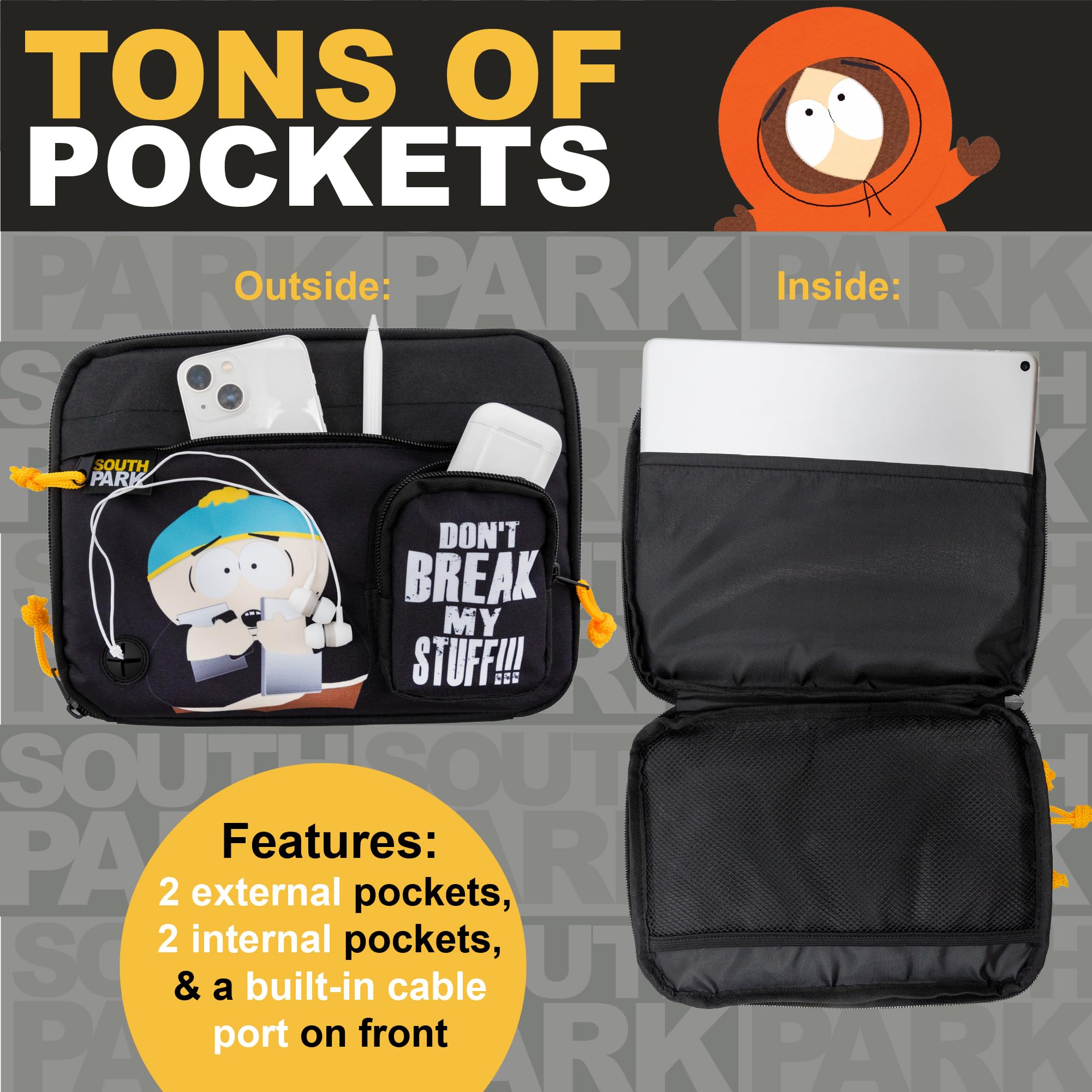 Blue Sky Studios South Park - Mini funda organizadora para tablet Tech Bag - Pequeña bolsa organizadora de electrónica para viajes - South Park Merchandise, Black