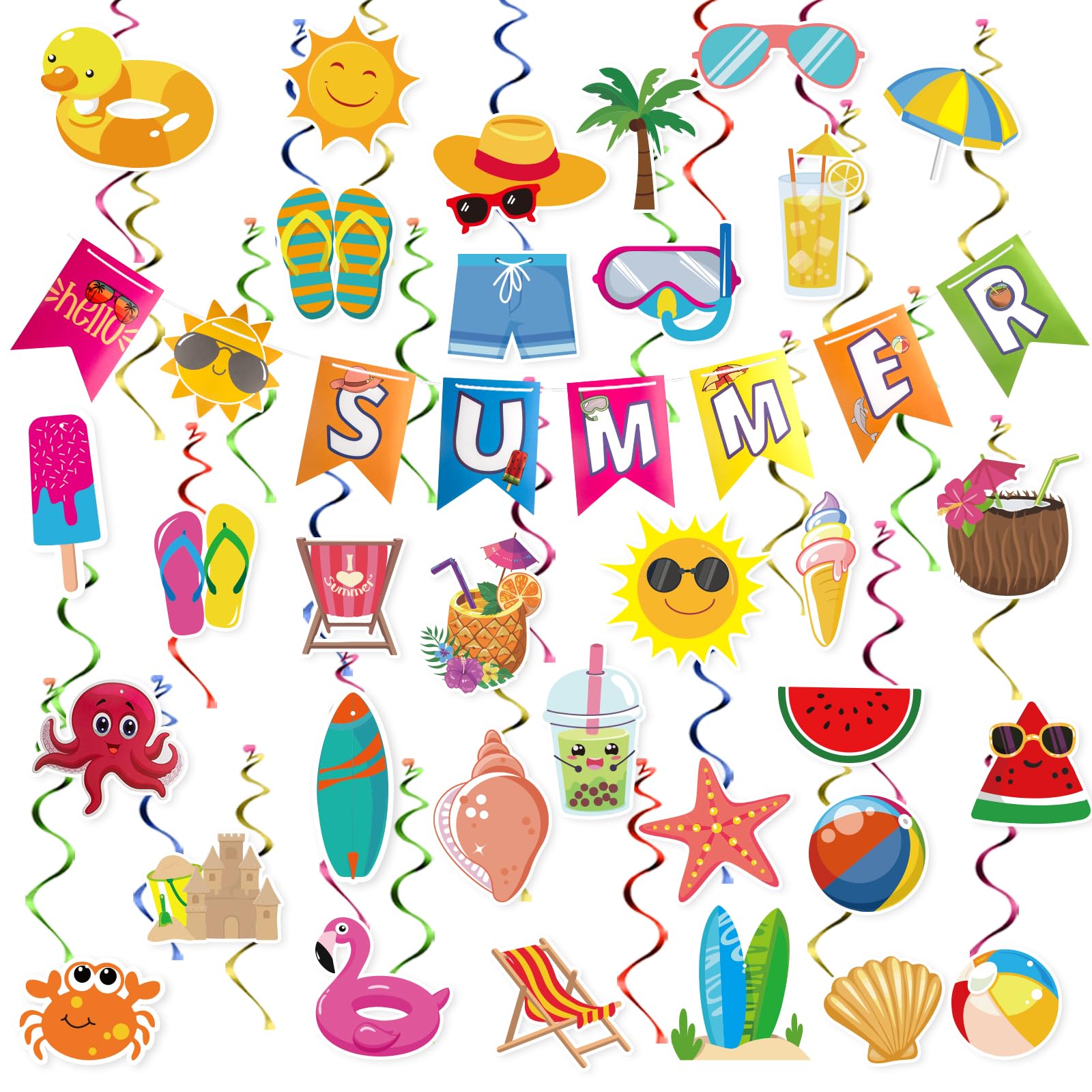 AUZRUI Summer Party Decorations - 65 Pieces Beach & Pool Party Supplies, Hello Summer Banner, Hanging Swirls, Streamers, and Beach Theme Decorations for Home, Office, Kids, School, Classroom