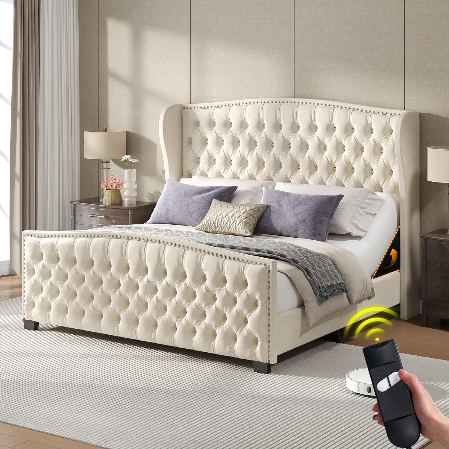 Adjustable Queen Bed Frame with Tufted Headboard & Wingback, Smart Adjustable Bed Base with Dual Motor & Remote Control, Velvet Upholstered Electric Bed Head Incline/No Box Spring Needed/Cream