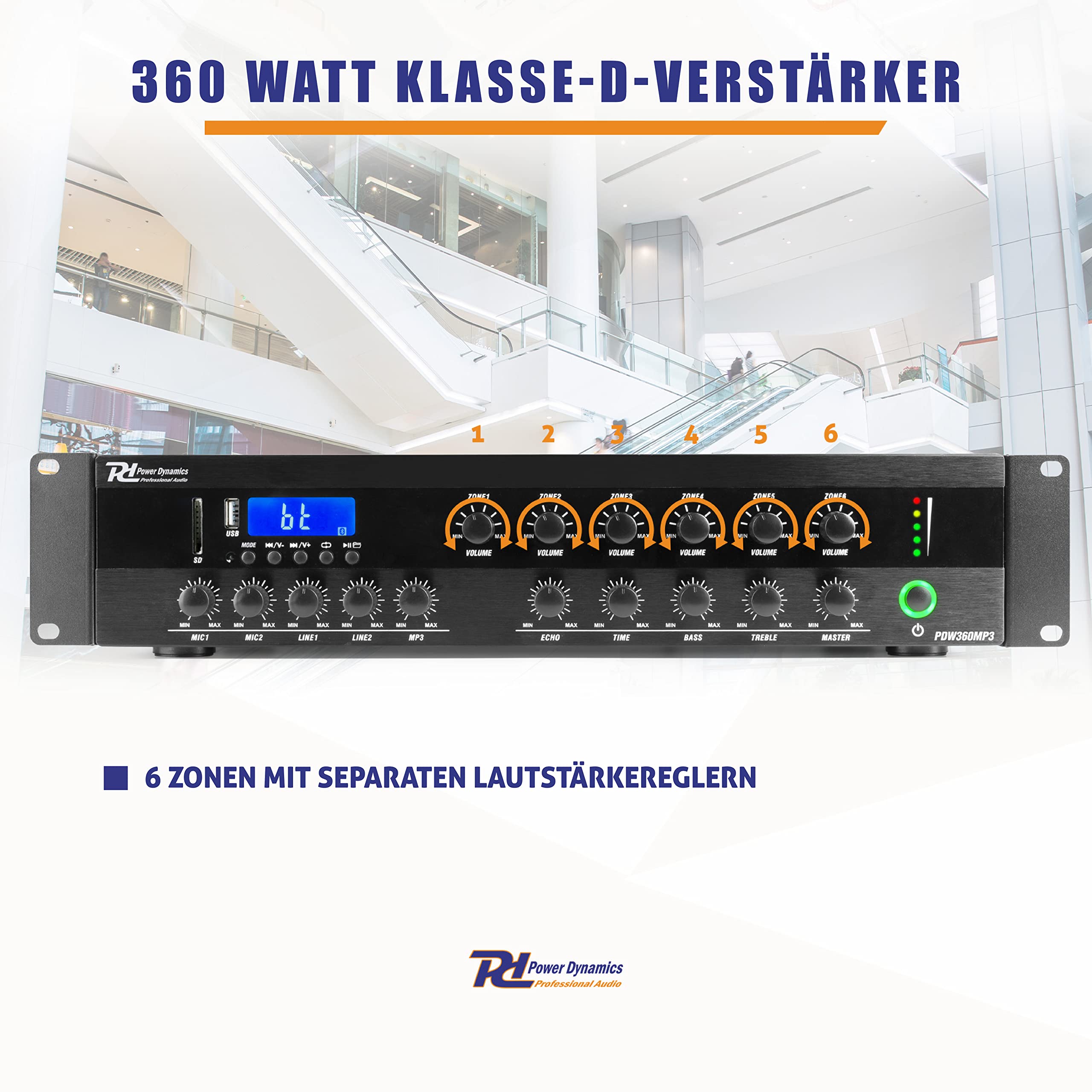 Power Dynamics PDW500MP3 - Verstärker, PA Mixer, 6-Zonen-Verstärker, 500 Watt, Bluetooth, MP3, für 100V- Soundsysteme, RCA-Inputs, MIC-IN, 3-Band EQ, Mehrzonen Endstufe