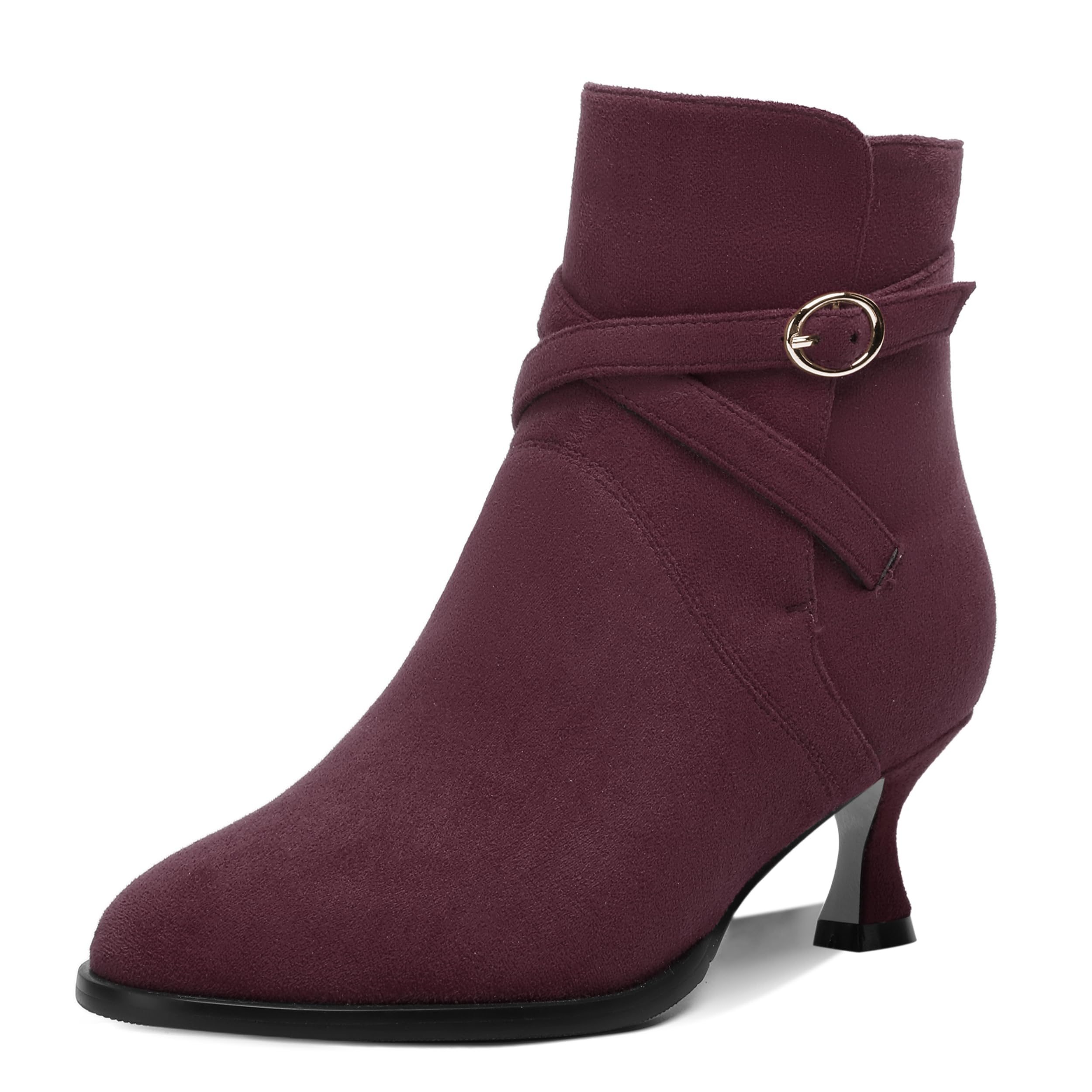SHOWFOREST Womens Solid Cold Weather Dating Buckle Suede Ankle Strap Round Toe Kitten Low Heel Ankle High Boots