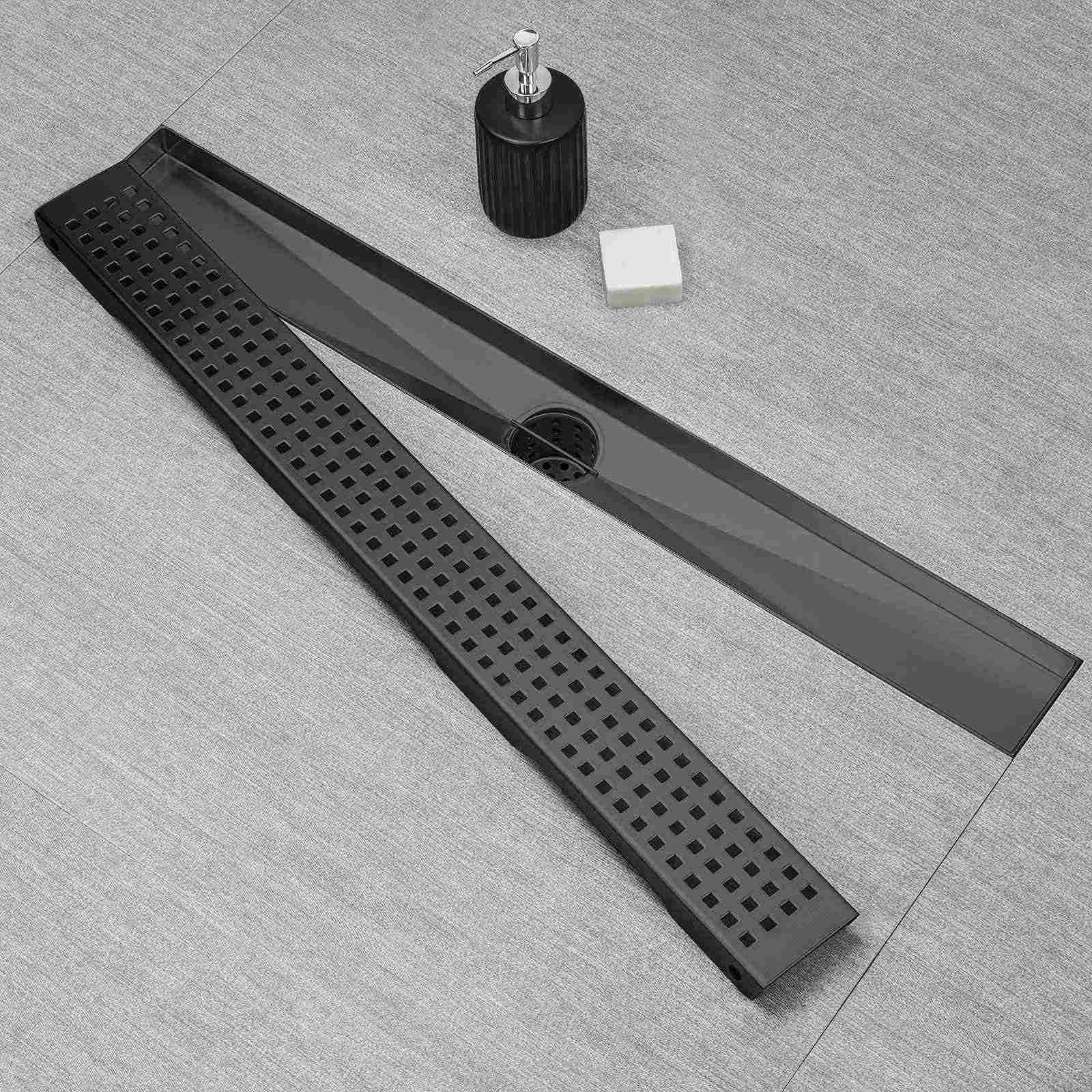 SaniteModar Scarico doccia lineare, scarico doccia nero opaco 91,4 cm con griglia rimovibile, scarico doccia in acciaio inox 304 spazzolato con filtro per capelli, piedini regolabili