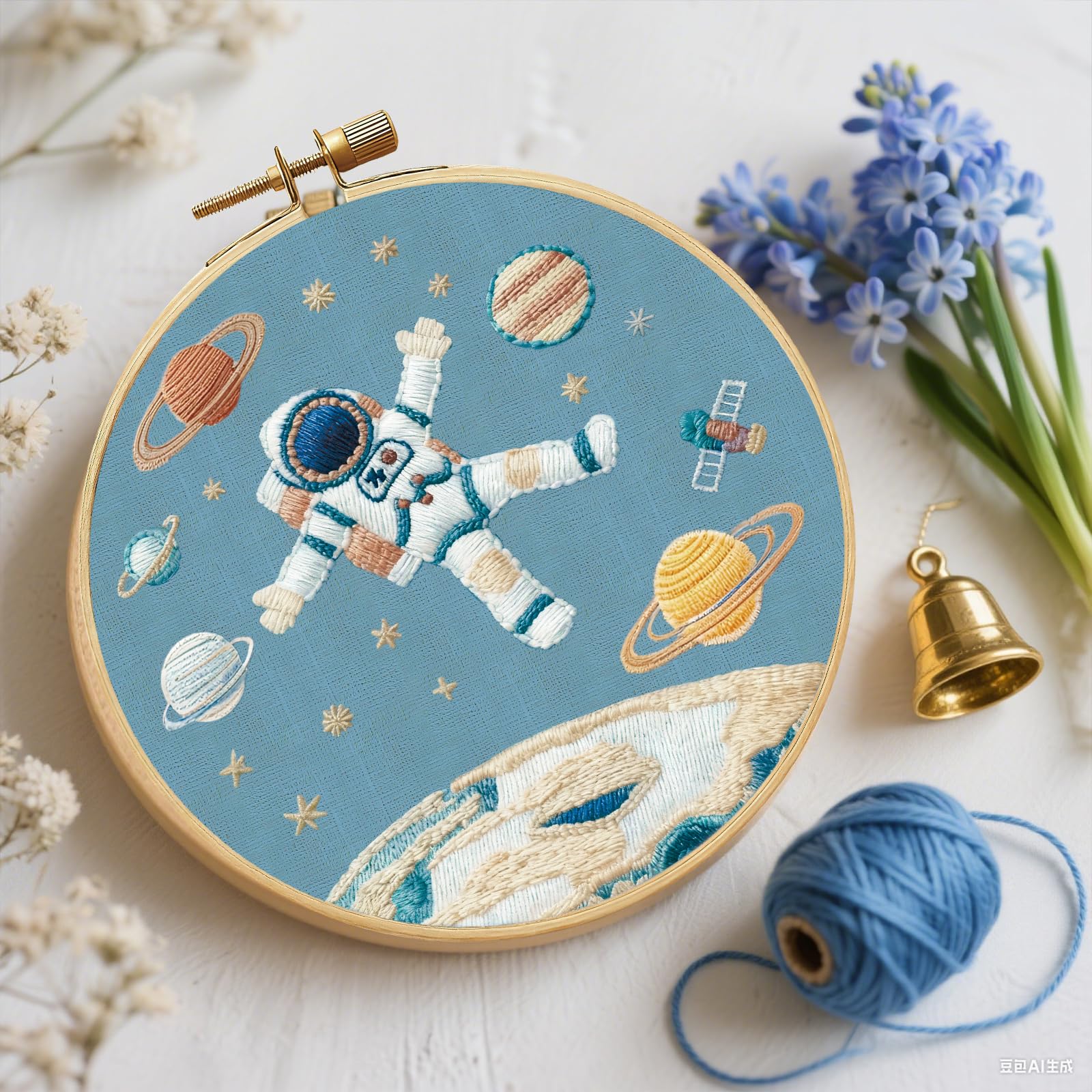 FREEBLOSS 4 Stickset Für Anfänger Und Erwachsene Mit Astronautenmotiv Inklusive Anleitung 11.6"/29.5cm Sticknadeln Zubehör Und Stickmaterialien. 4 Reifen