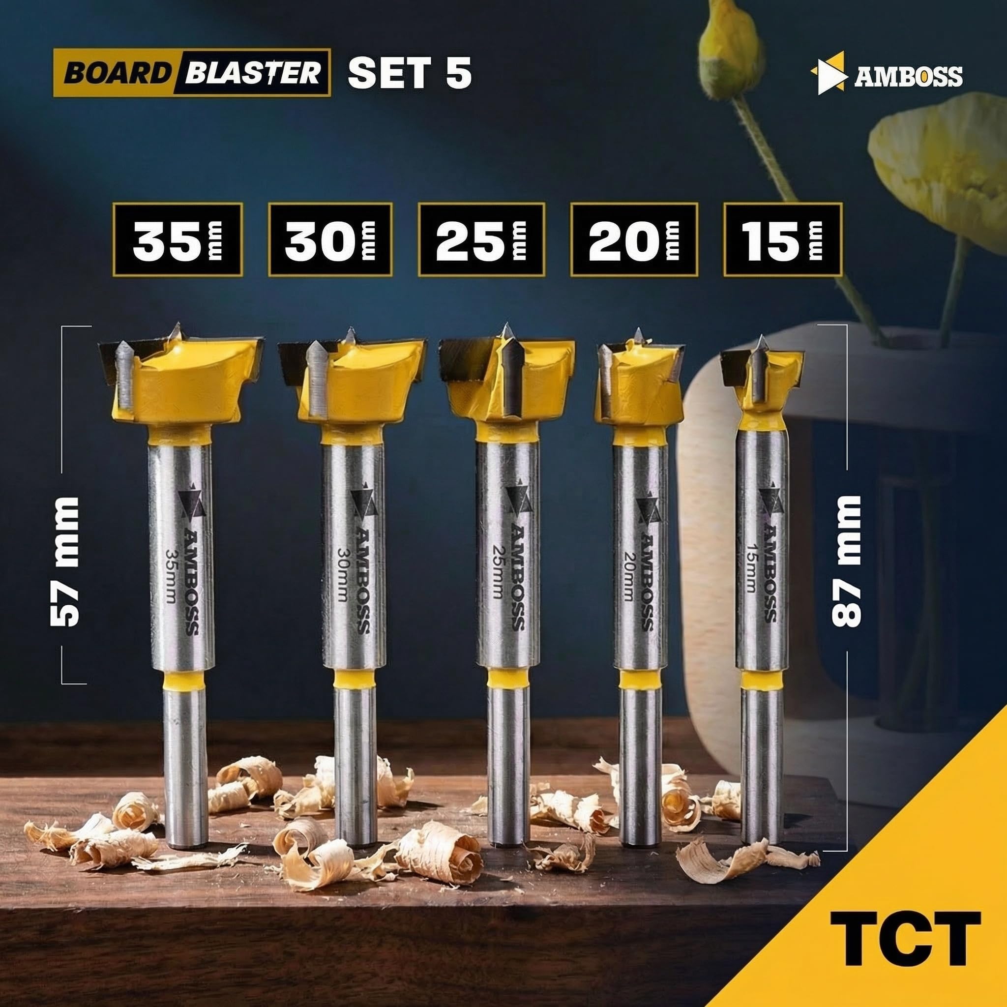 Set de mèches Forstner (5 pièces / Ø 15-35 mm) – Amboss Werkzeuge BOARDBLASTER Mèches à bois en carbure de tungstène 15/20/25/30/35 mm – perçages précis bois & matériaux en panneaux (panneaux de