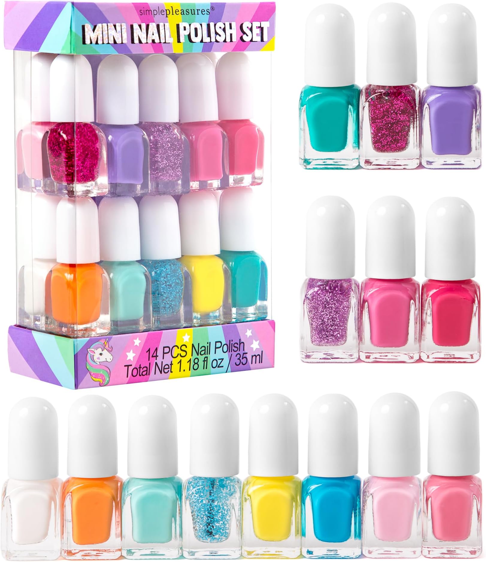 SIMPLE PLEASURES 14 Pcs Nail Polish Tower 14 Different Shades Water Based Nail Polish Gift Set for Girls 7-1 Year Old