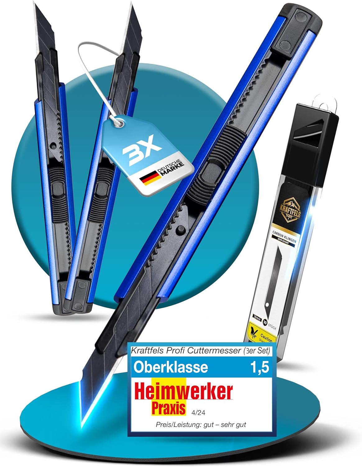 3 x Cuttermesser klein Profi Set (Alu Gehäuse) - inkl. 13x SK5 Carbonstahl Klingen 9mm extra scharf mit 30 Grad Spitze - Cuttermesser 9mm Set - Teppichmesser 9mm - Cutter Messer - Kattermesser Metall